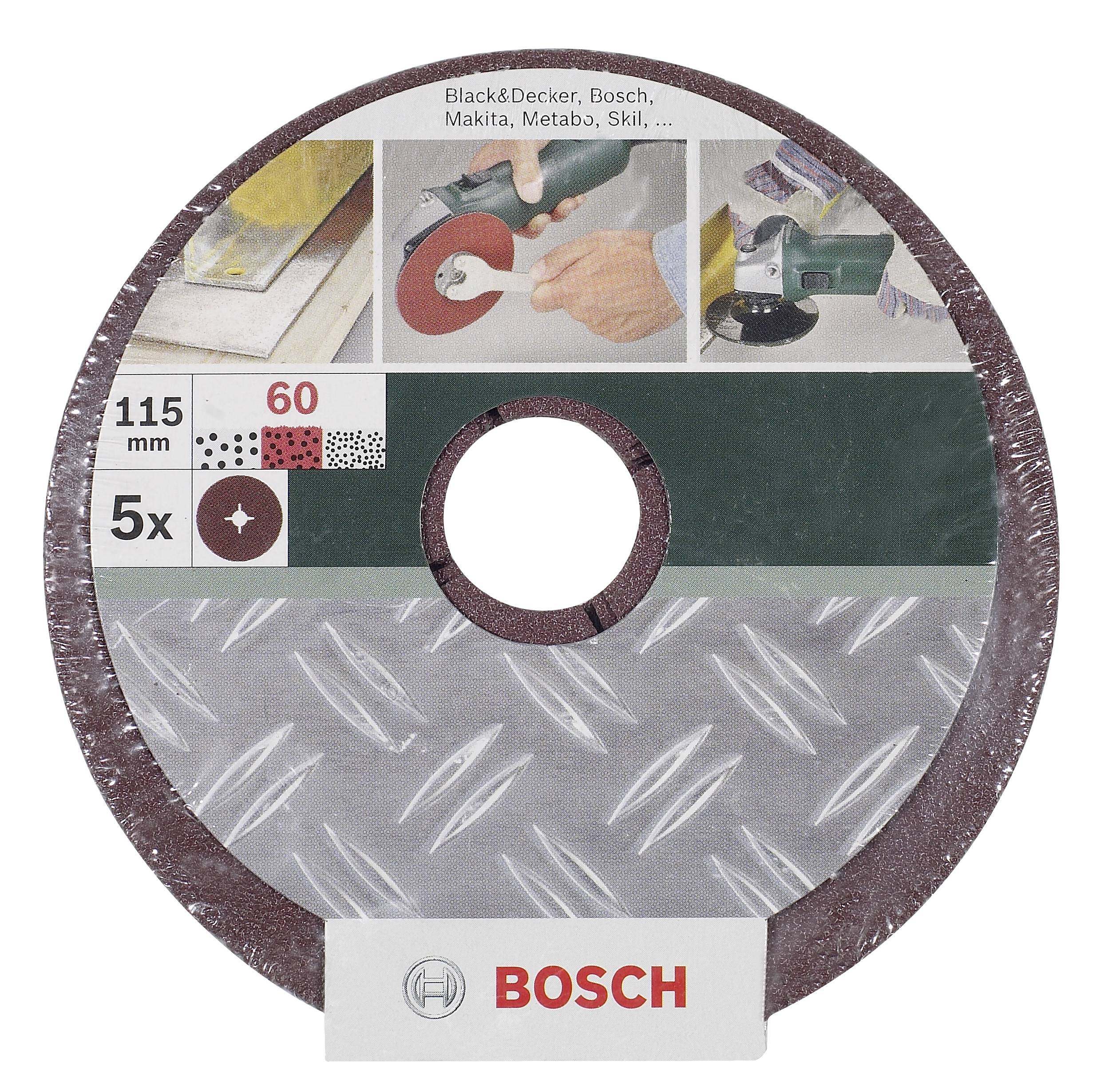 Bosch-Schleifscheibe, 115 mm, Körnung 60, für Metall. Verpackung zeigt Anwendungshinweise und Kompatibilität mit verschiedenen Werkzeugmarken.