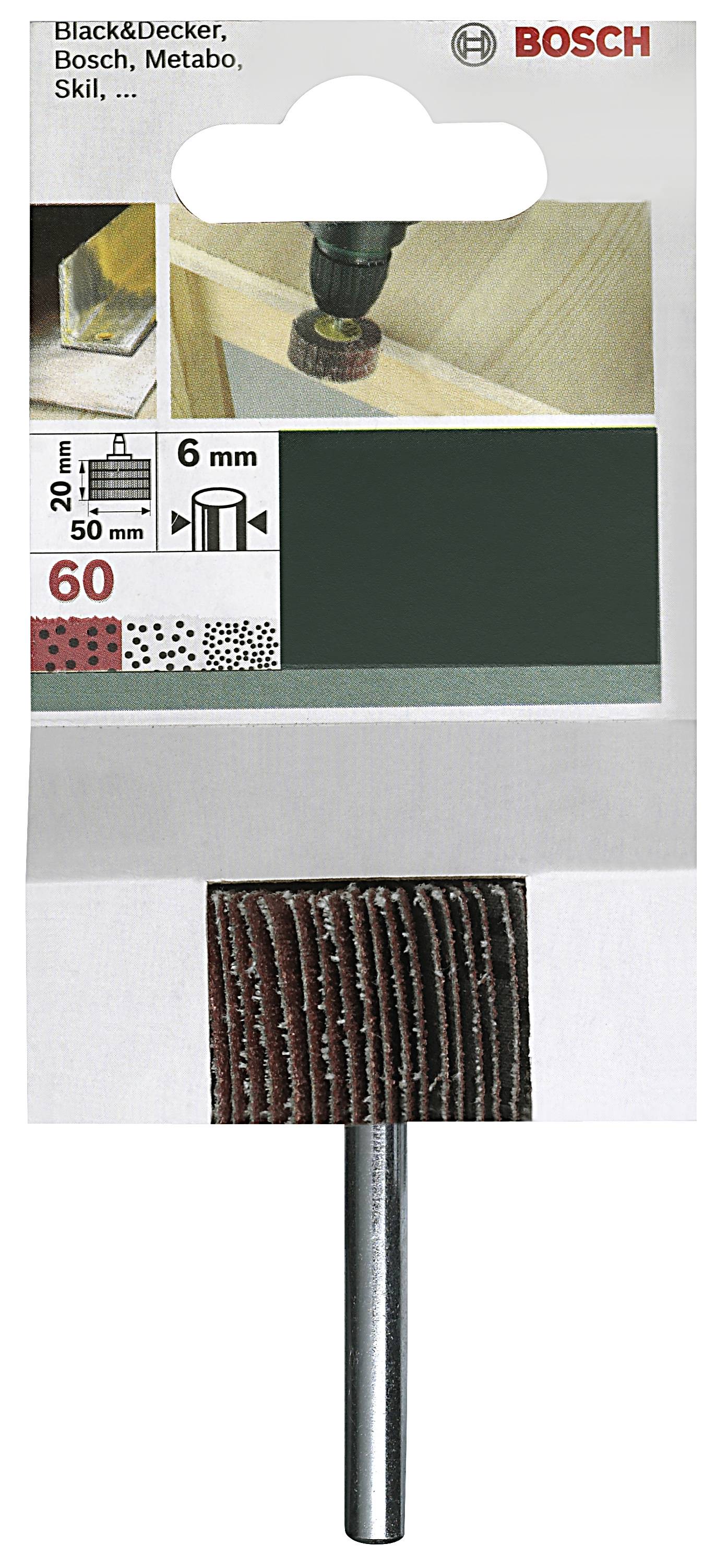 Verpackung für Schleifrolle mit Angaben: geeignet für Black&Decker, Bosch, Metabo, Skil. Abmessungen 50mm x 6mm. Körnung 60.
