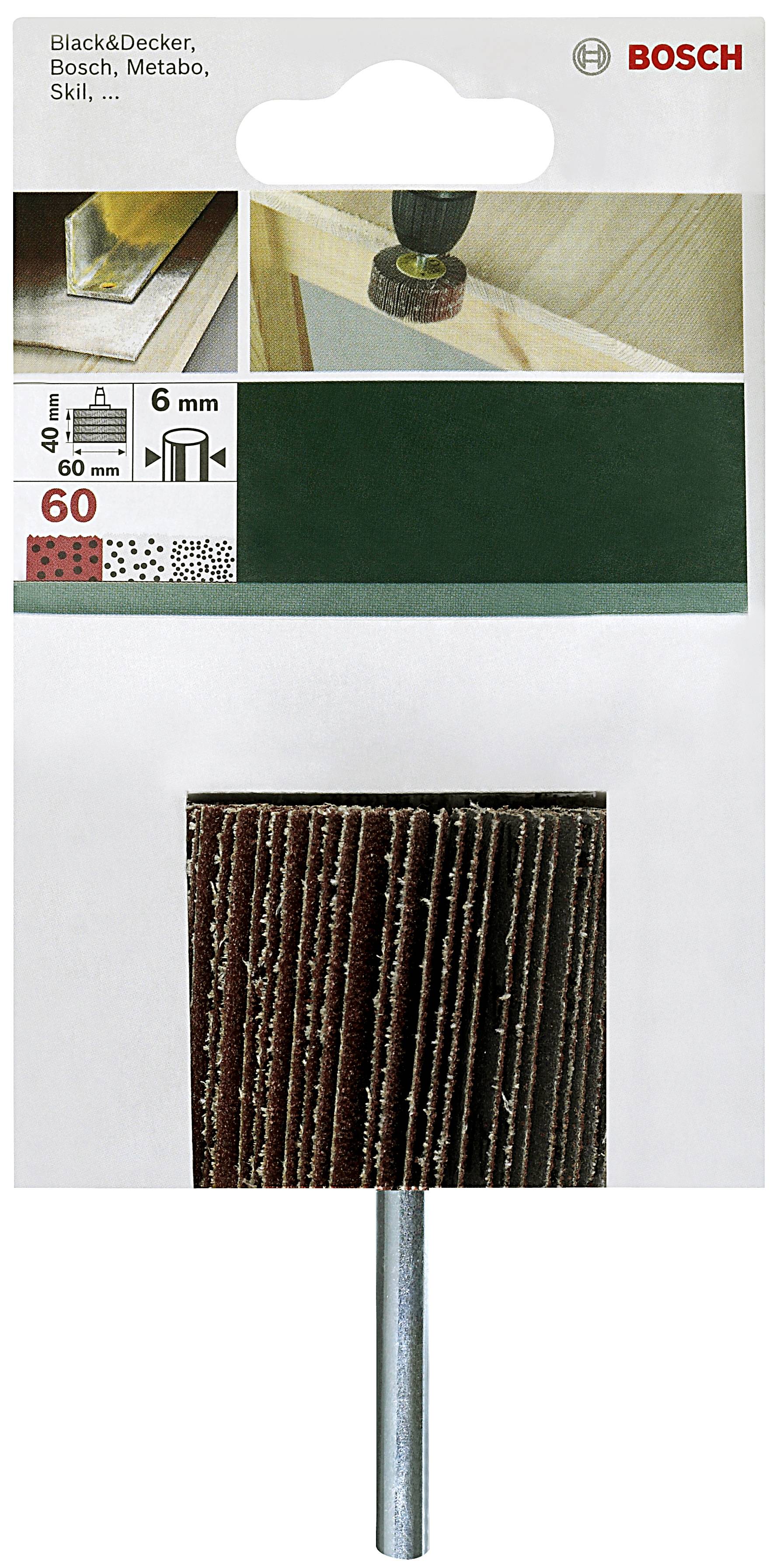 Verpackung eines Bosch Schleifaufsatzes für Bohrmaschinen mit 6 mm Schaft und 60er Körnung, geeignet für verschiedene Marken.