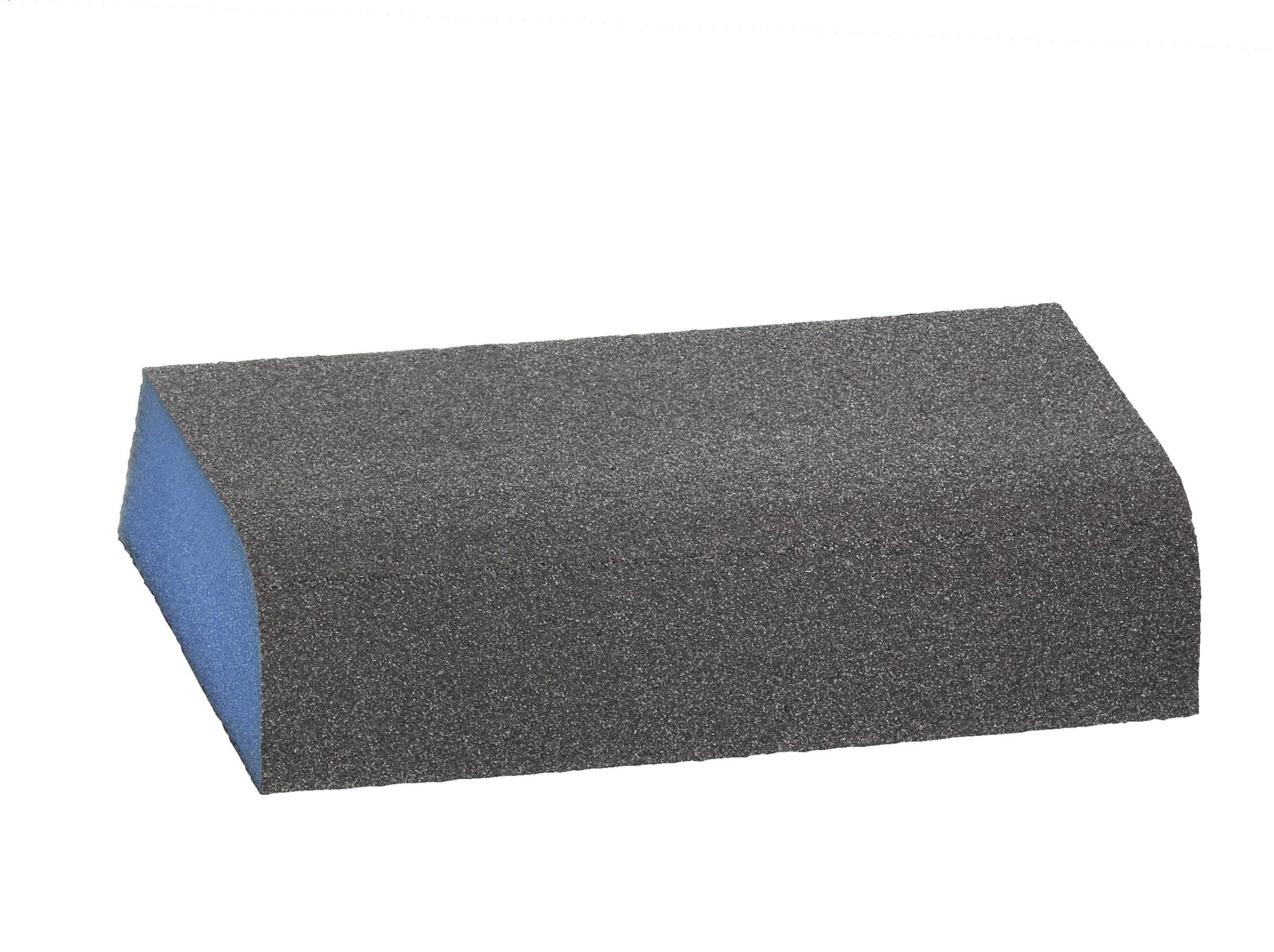 Ein rechteckiger Schleifschwamm mit dunkelgrauer Schleiffläche und blauer Rückseite zum manuellen Schleifen von Oberflächen.
