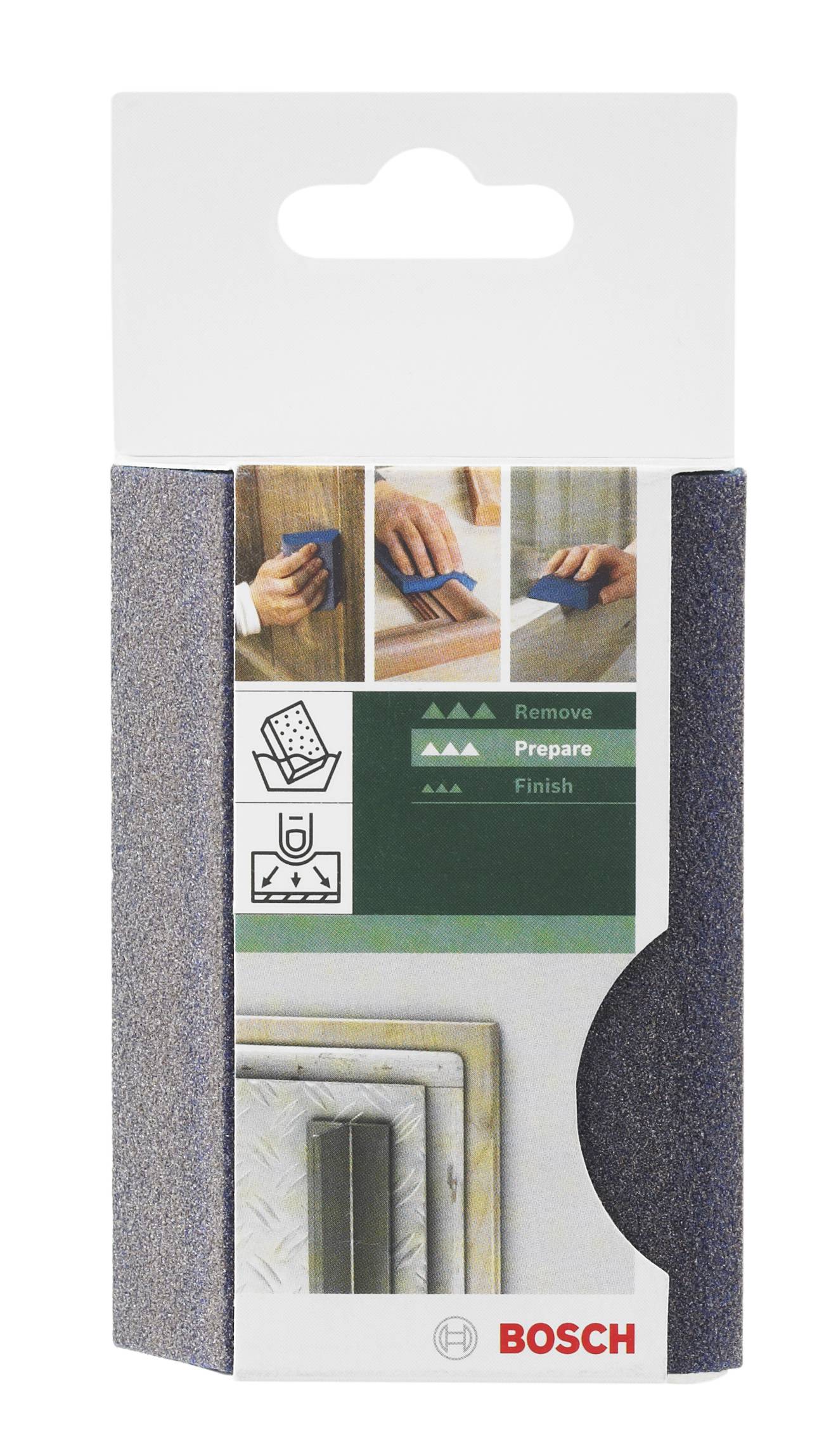 Verpackung eines Schleifschwamms von Bosch mit Bildern, die die Schritte 'Remove', 'Prepare' und 'Finish' beim Schleifen zeigen.