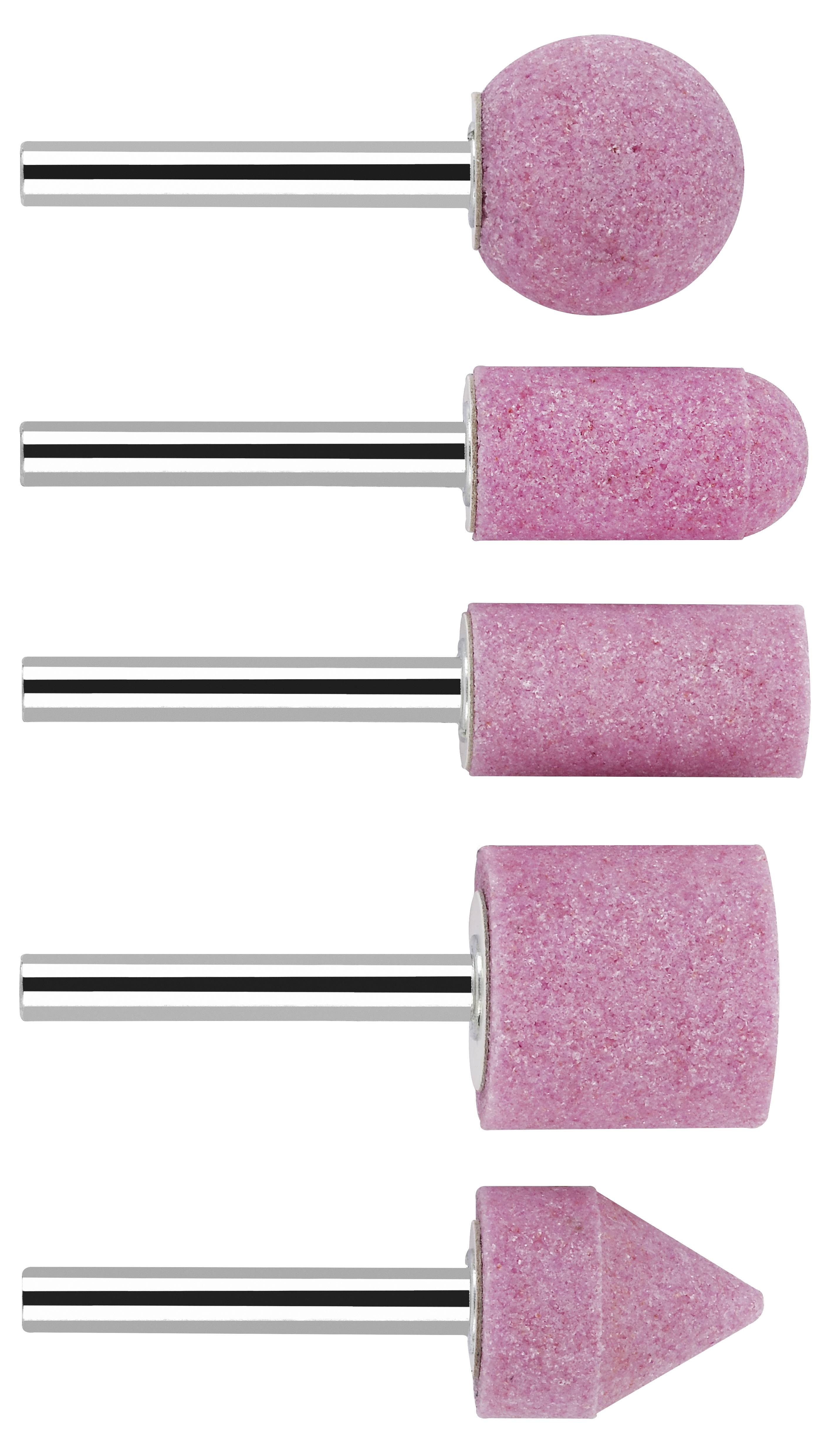 Fünf rosa Schleifaufsätze in verschiedenen Formen nebeneinander, verwendet für präzise Metall- und Holzarbeiten.