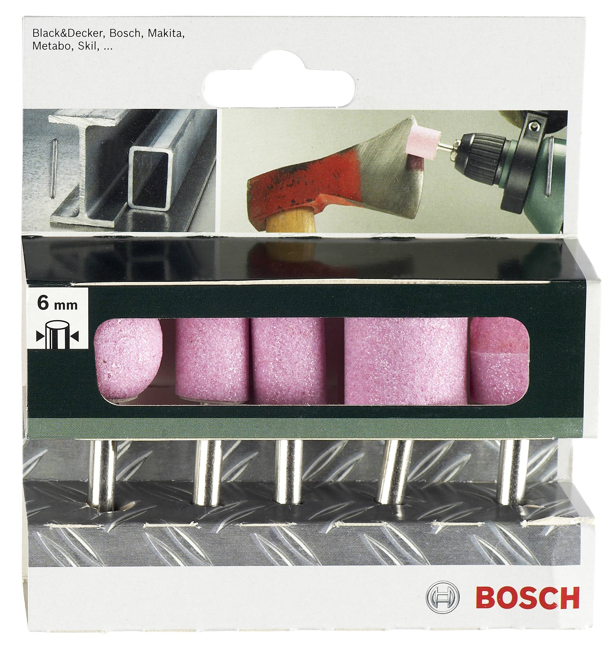 Eine Packung mit fünf rosa Schleifaufsätzen auf Metalluntergrund, kompatibel mit 6-mm-Bohrmaschinen von Bosch und anderen Marken.