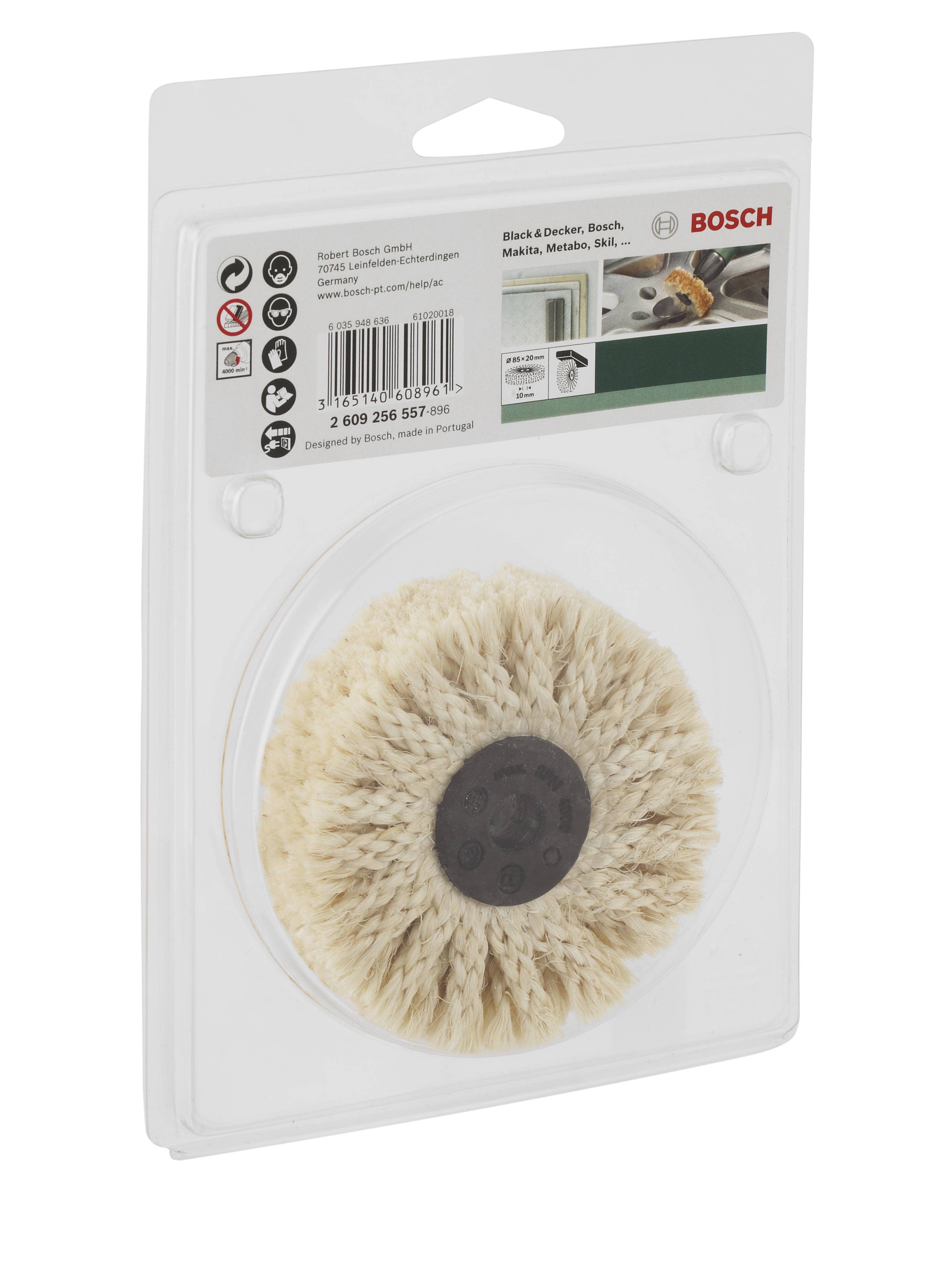 Verpackte Polierhilfe von Bosch mit Borsten und Befestigung. Entworfen für die Oberflächenbehandlung. Kompatibilitätshinweise auf der Verpackung.