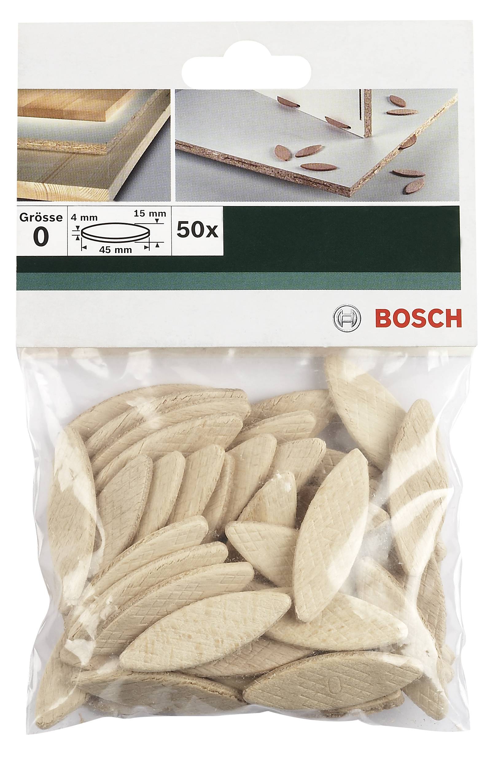 Eine Tüte mit 50 Holzplättchen von Bosch, Größe 0, für Holzverbindungen, abgebildet mit Beispielen für deren Verwendung.