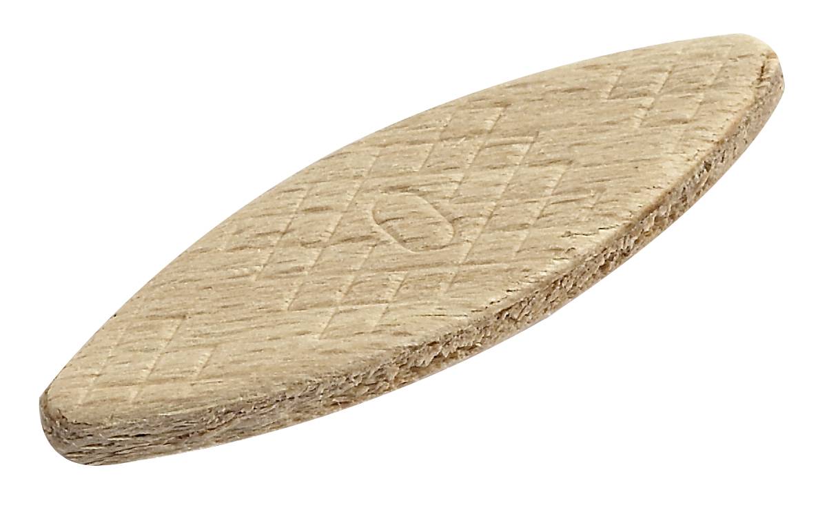 Ein ovaler Holzdübel mit eingravierten Linien, oft verwendet zum Verbinden von Holzstücken in Möbelbau und Tischlerei.