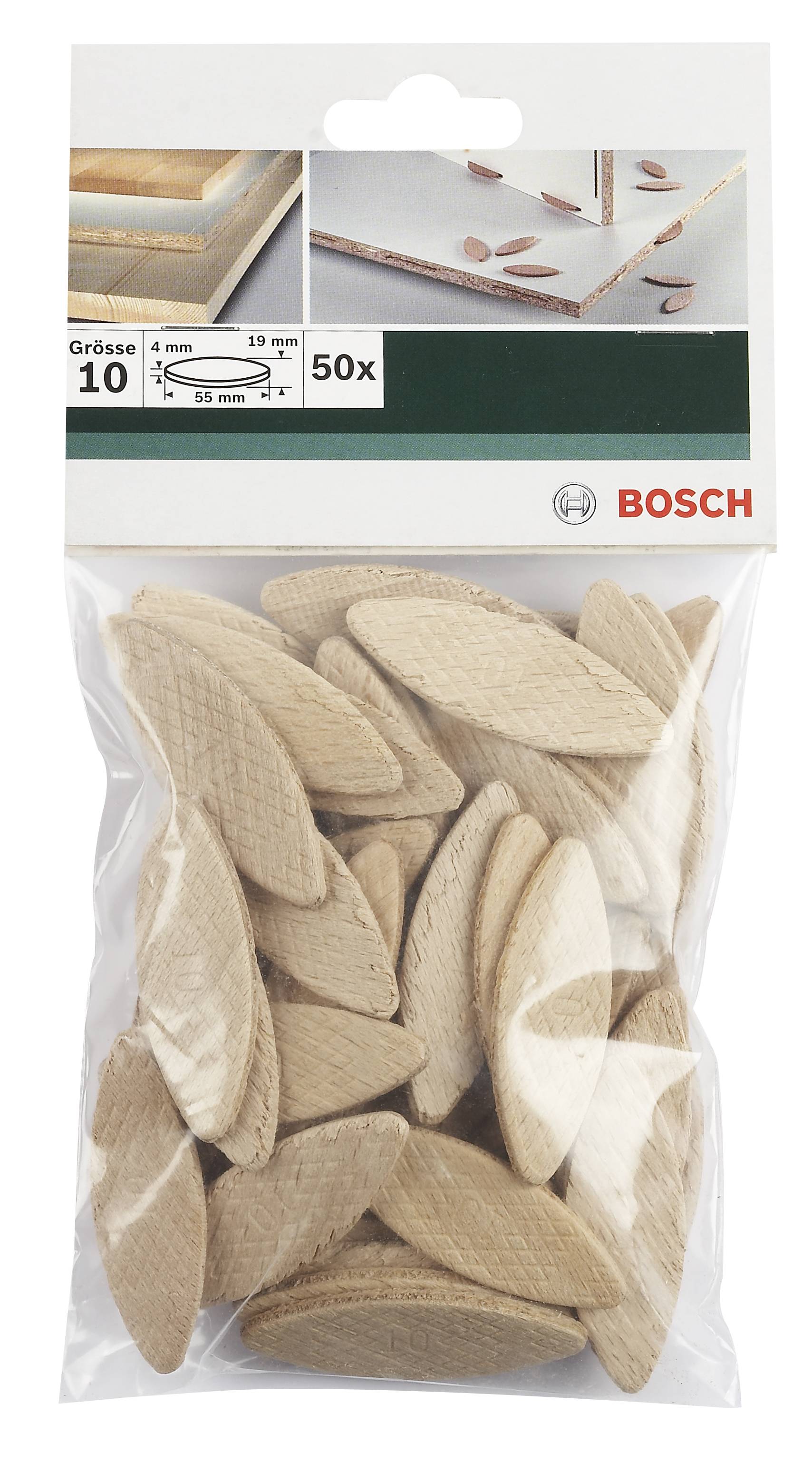Tüte mit 50 Holzverbindern der Größe 10 von Bosch, ideal zum Verbinden von Holzplatten.