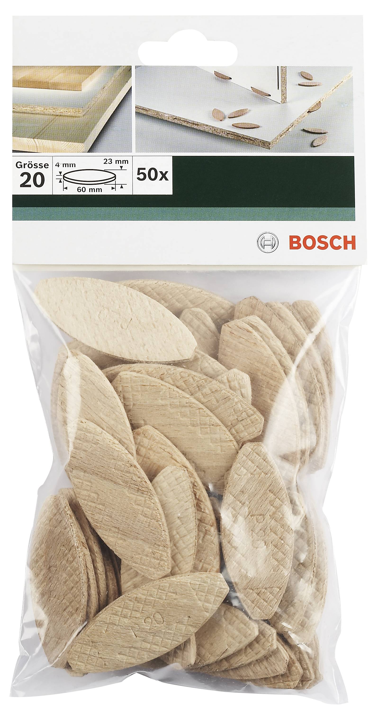Beutel mit 50 Holzdübeln von Bosch, Größe 20. Verpackung zeigt Maßangaben und Holzverbindungsanwendung.