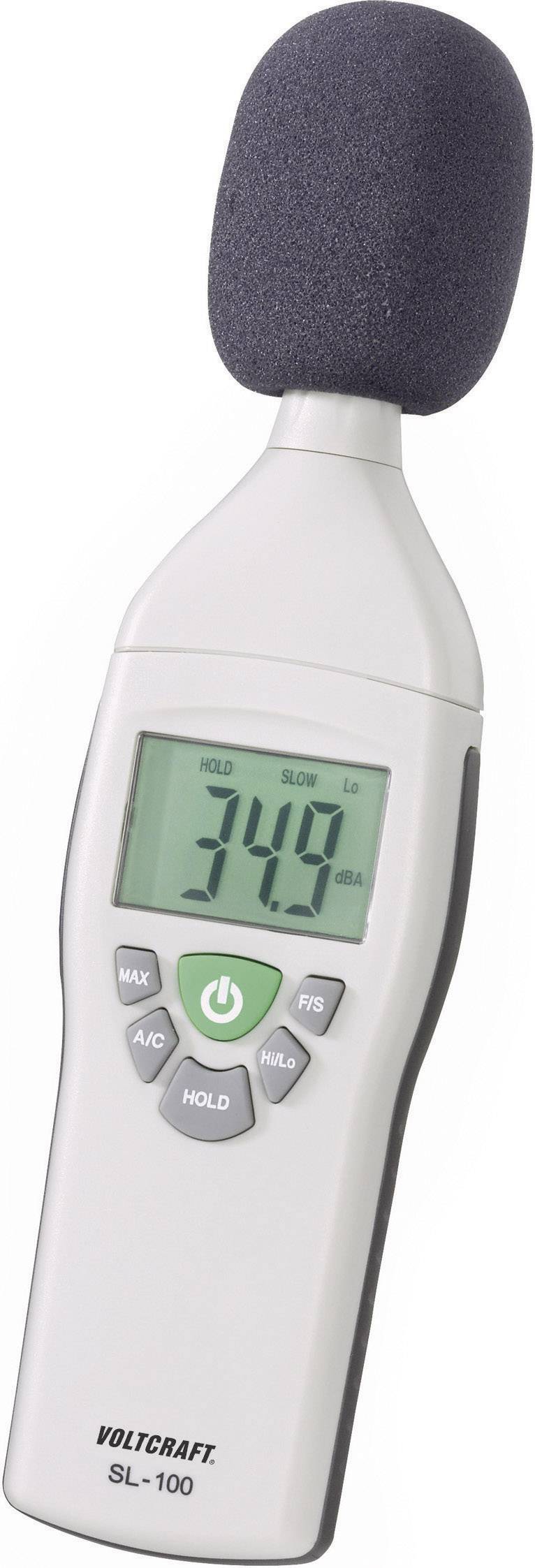 Ein Schallpegelmesser mit Digitalanzeige zeigt 34,9 dB. Das Gerät hat ein Mikrofon oben und Bedientasten darunter.