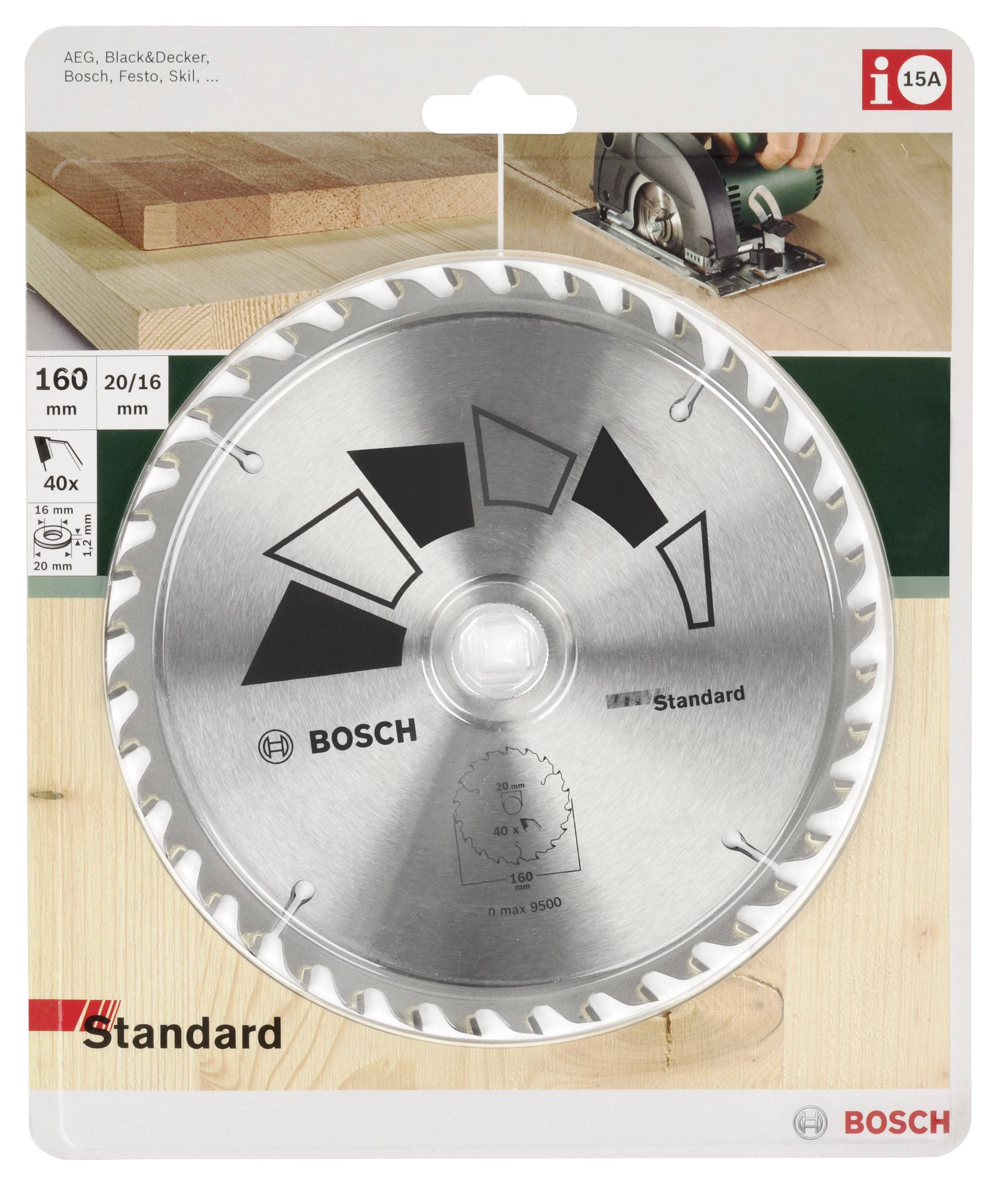 Sägeblatt von Bosch in der Originalverpackung, geeignet für Holz. Verpackung zeigt Einsatzbeispiel und technische Details des Produkts.