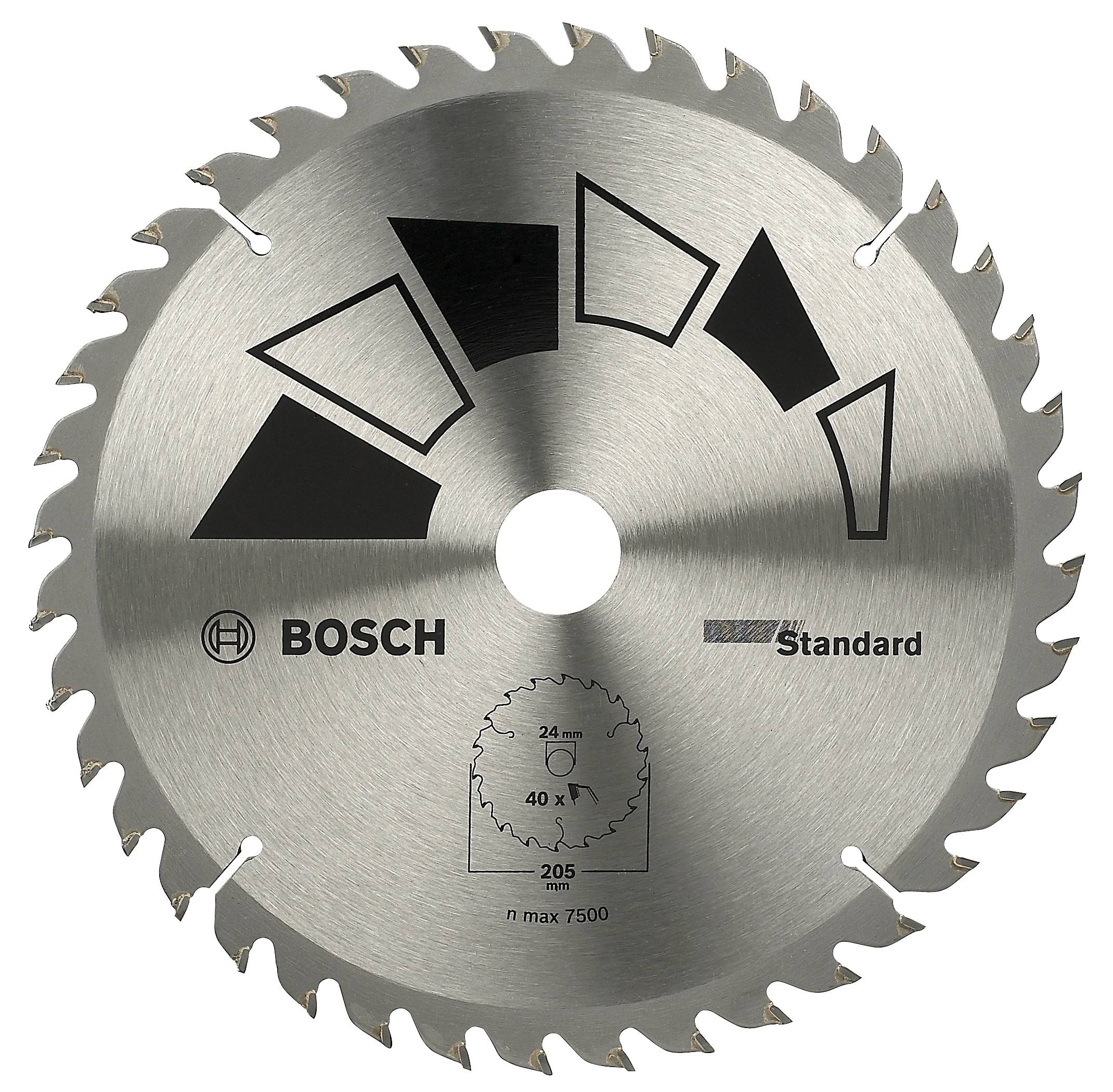 Rundes Sägeblatt aus Metall mit mehreren Zähnen, markiert mit 'Bosch Standard'. Markierungen in Schwarz und Produktinformationen sichtbar.