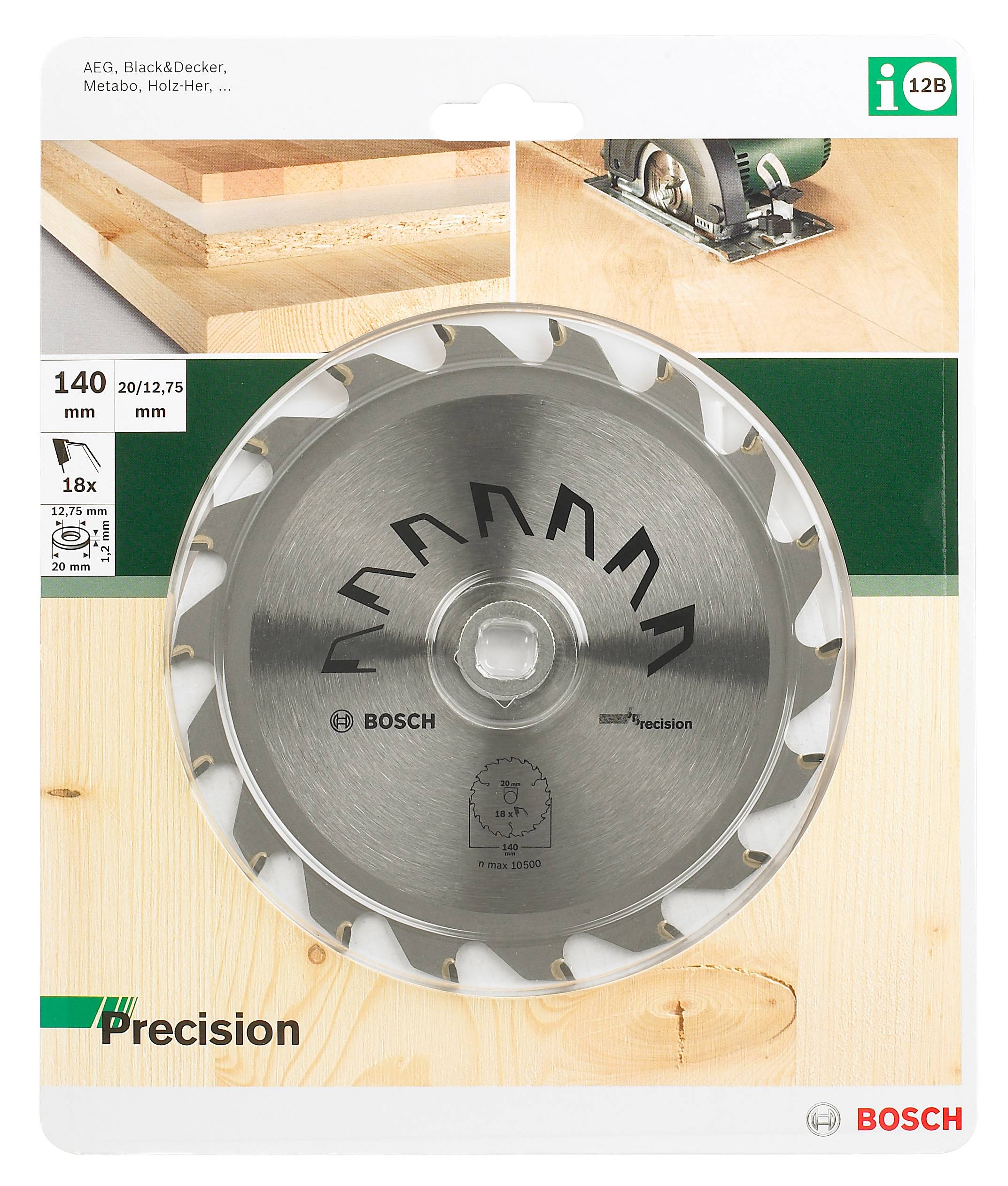 Kreissägeblatt von Bosch für Holz mit 140 mm Durchmesser und 20 mm Bohrung. Verpackung zeigt Anwendung und Produktspezifikationen.