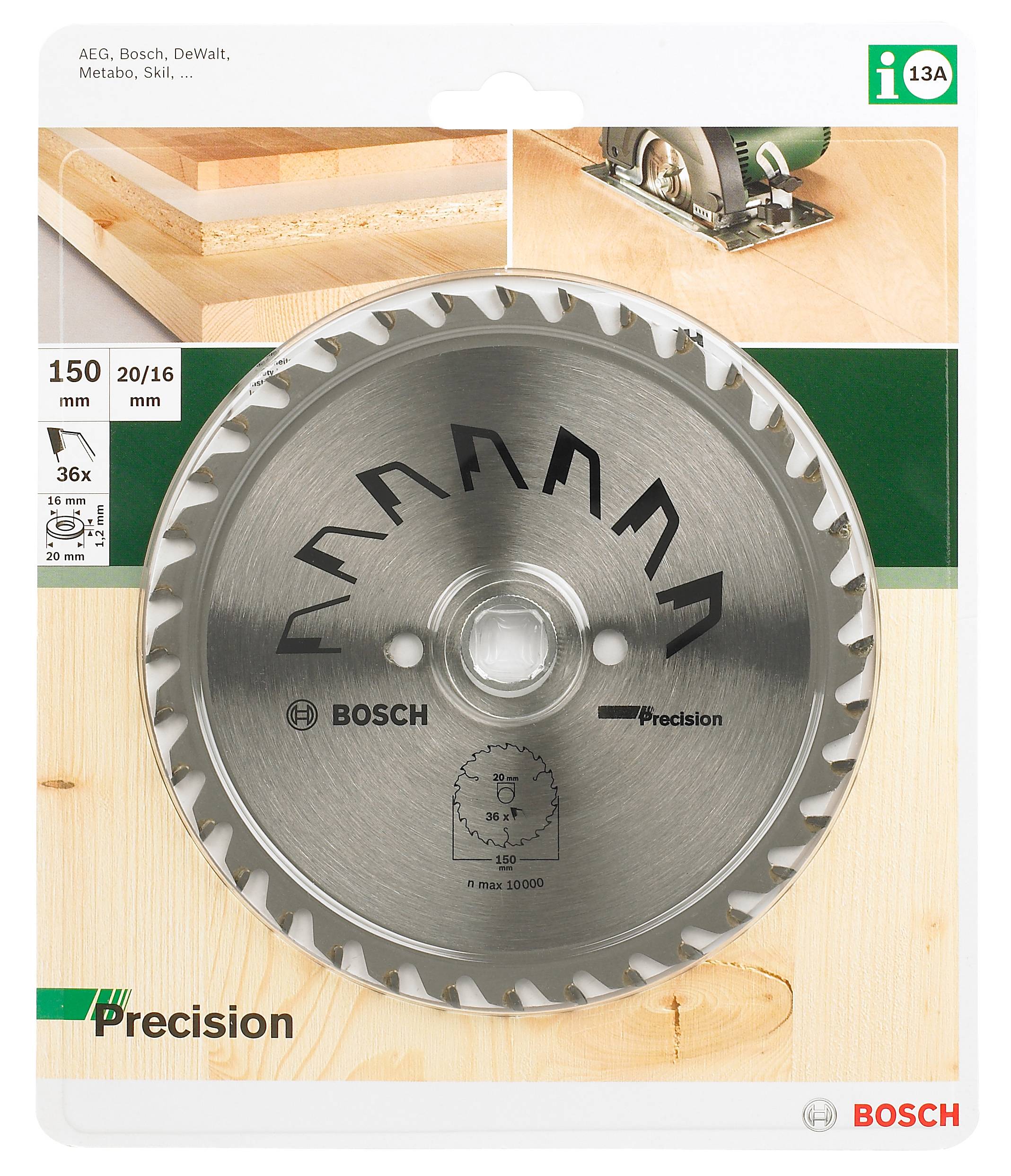 Kreissägeblatt für Holzarbeiten, 150 mm Durchmesser, 20/16 mm Bohrung, 36 Zähne. Markenlogo und Produktgrafiken auf der Verpackung.