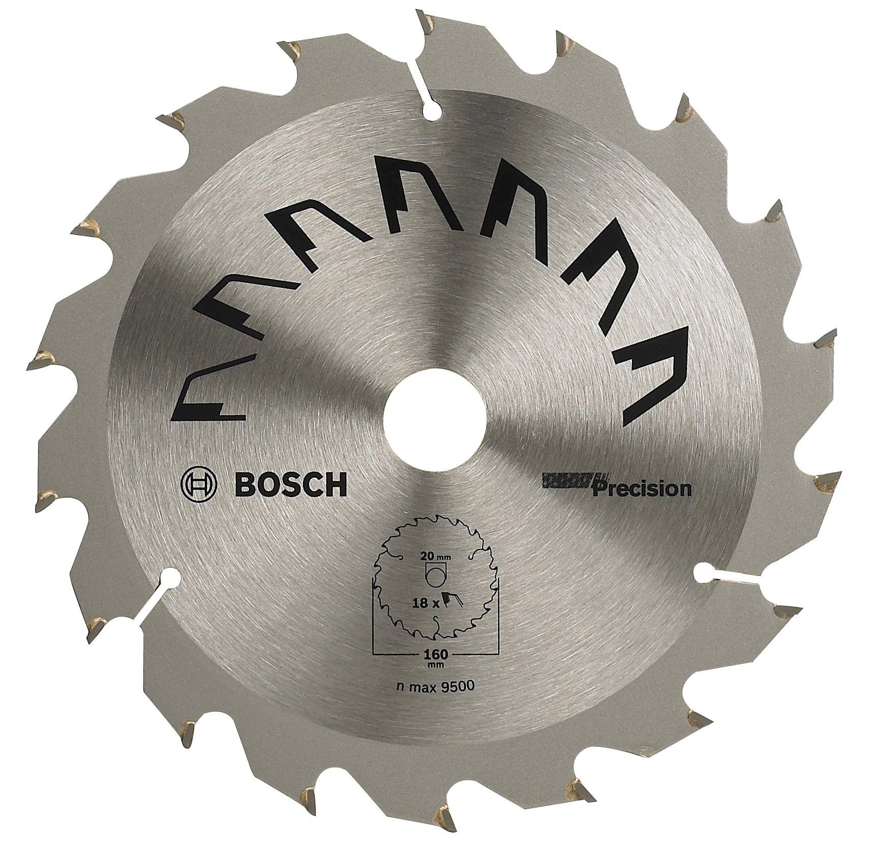 Sägeblatt aus Metall mit Bosch-Logo und Präzisionsbeschriftung, geeignet für Holzschnitte mit einer maximalen Drehzahl von 9500.
