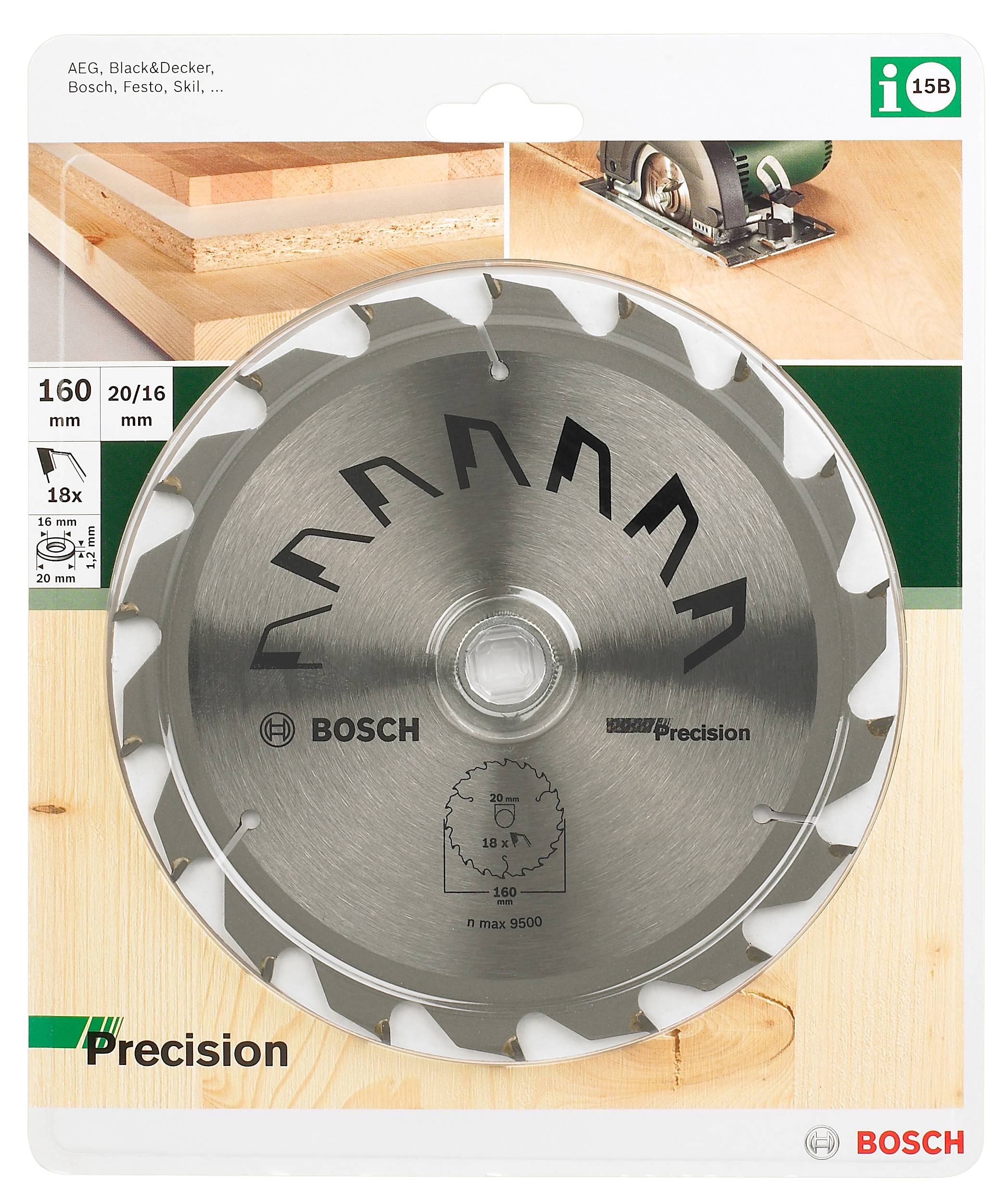 Kreissägeblatt von Bosch mit der Aufschrift 'Precision', Durchmesser 160 mm, für Holz- und Universal-Anwendung. Verpackung zeigt Anwendungshinweise.