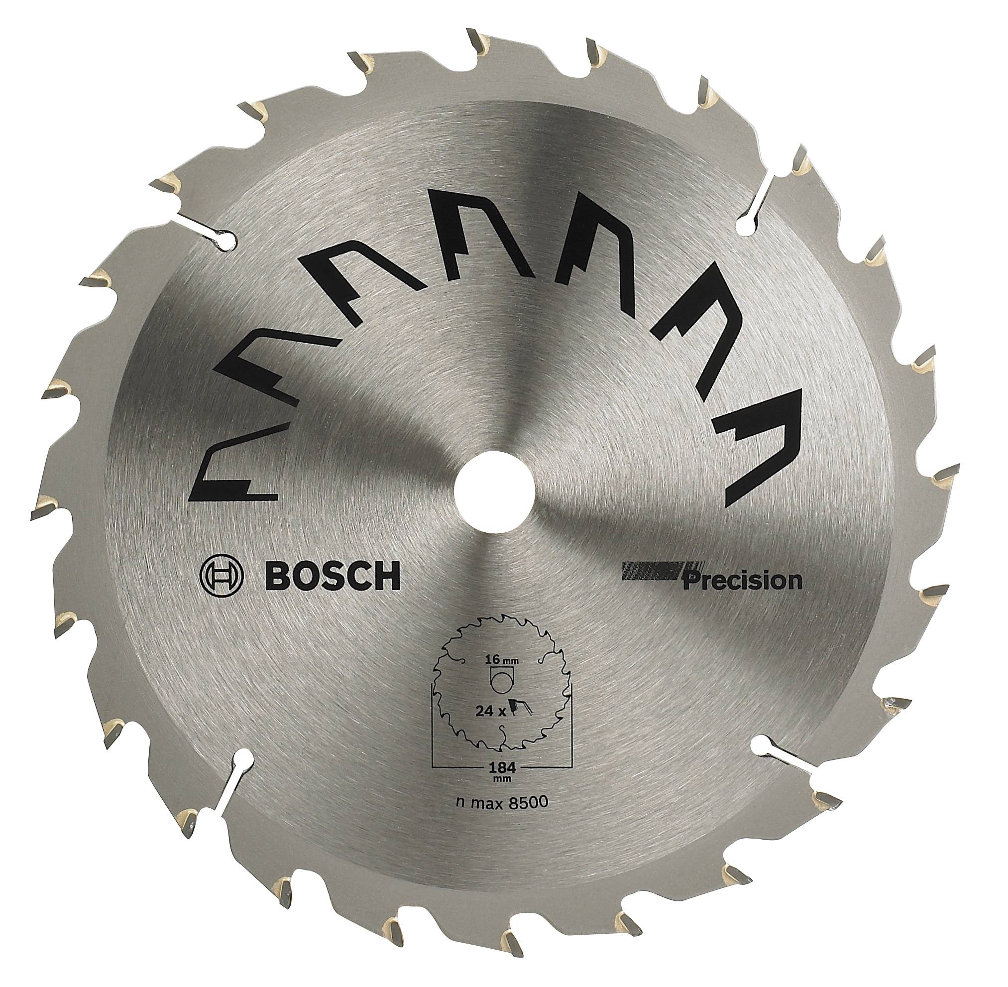 Kreissägeblatt mit Zahnprofil zur Holzbearbeitung, Marke Bosch, Modell 'Precision', Durchmesser 184 mm, maximal 8500 U/min.