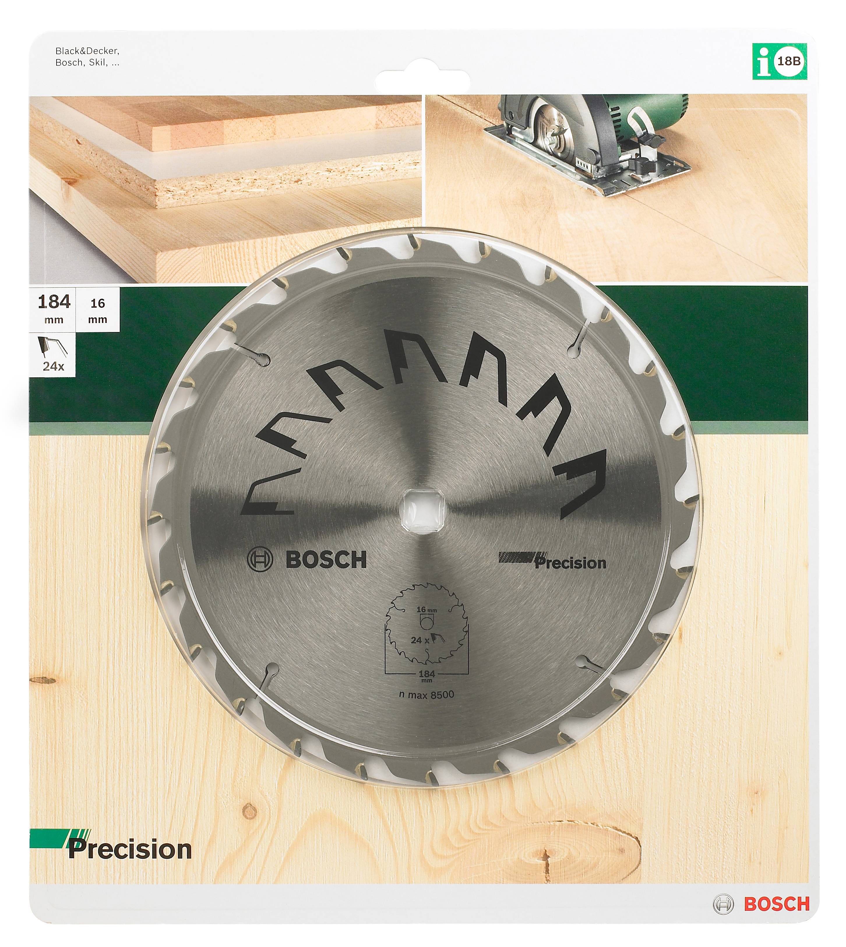 Sägeblatt für Präzisionsschnitte, 184 mm Durchmesser, 16 mm Bohrung, 24 Zähne. Geeignet für Holzarbeiten, Bild zeigt Sägeblatt in Verpackung.