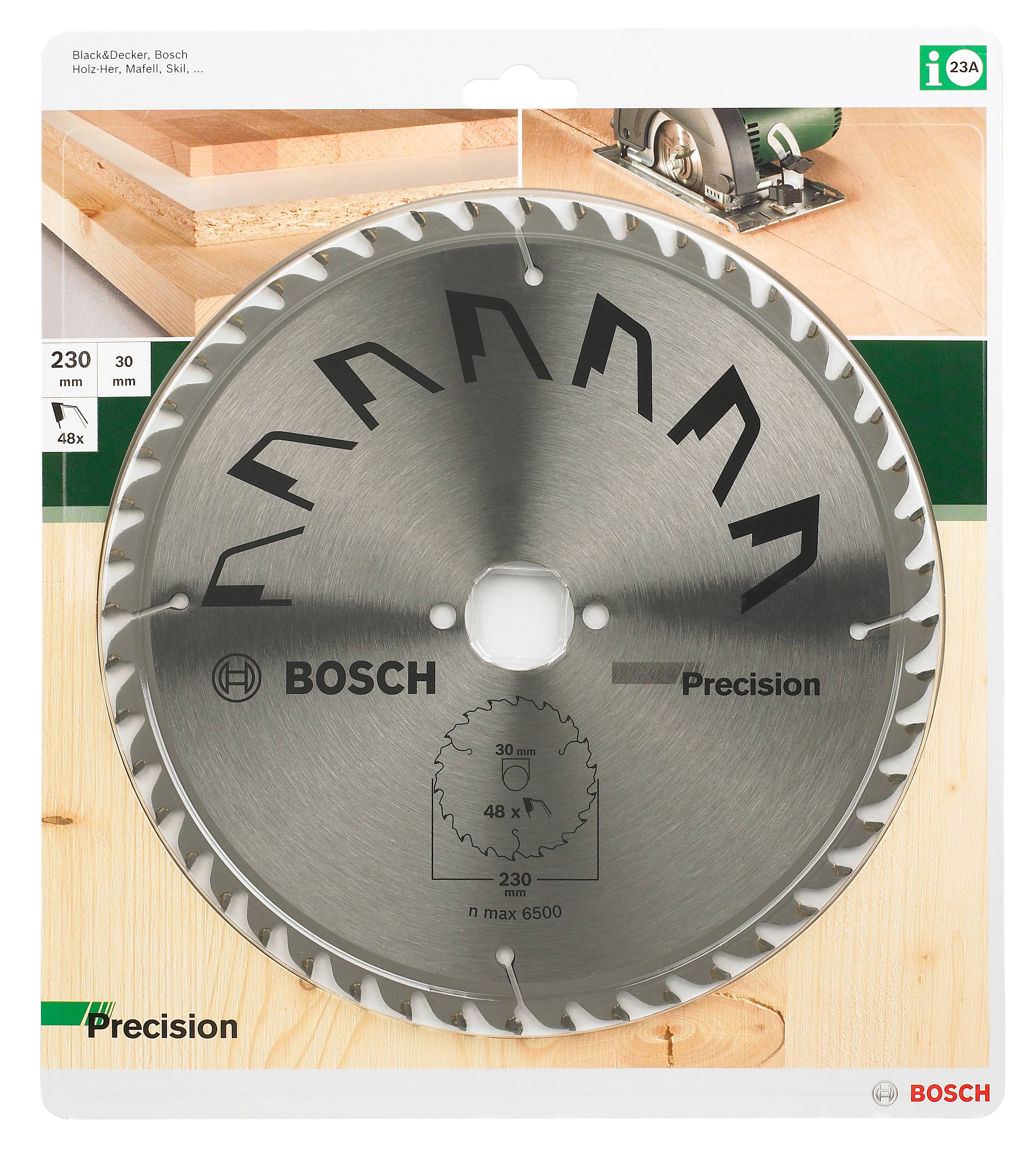Bosch Kappsägeblatt mit 48 Zähnen, Durchmesser 230 mm, max. 6500 U/min. Verpackung zeigt Anwendungsbeispiel beim Schneiden.