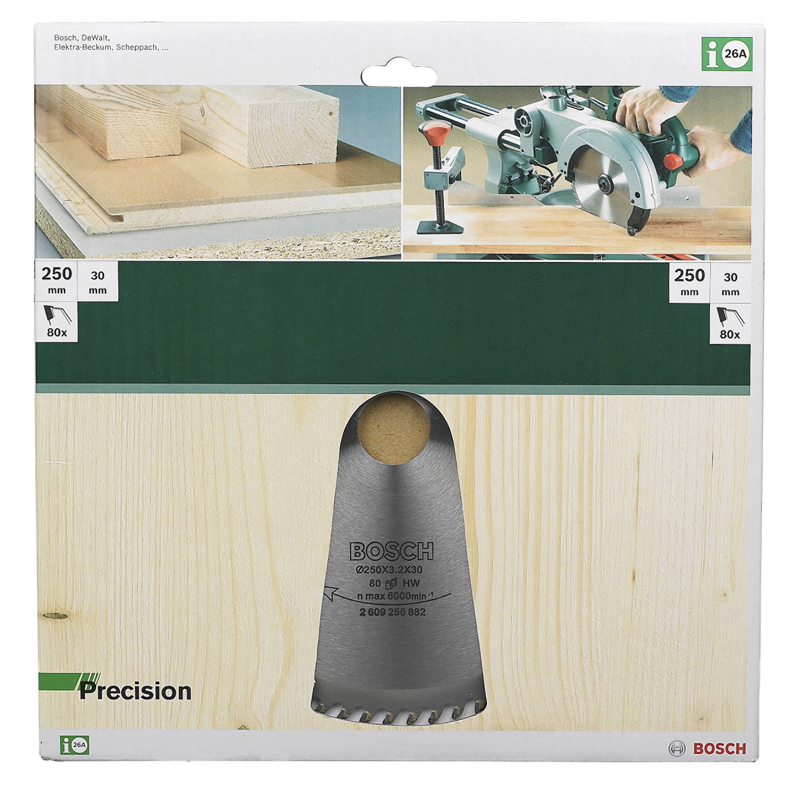 Sägeblatt-Verpackung mit Bild einer Kreissäge und Holzschnitt, zeigt Produktinformationen wie Durchmesser und Zähnezahl.