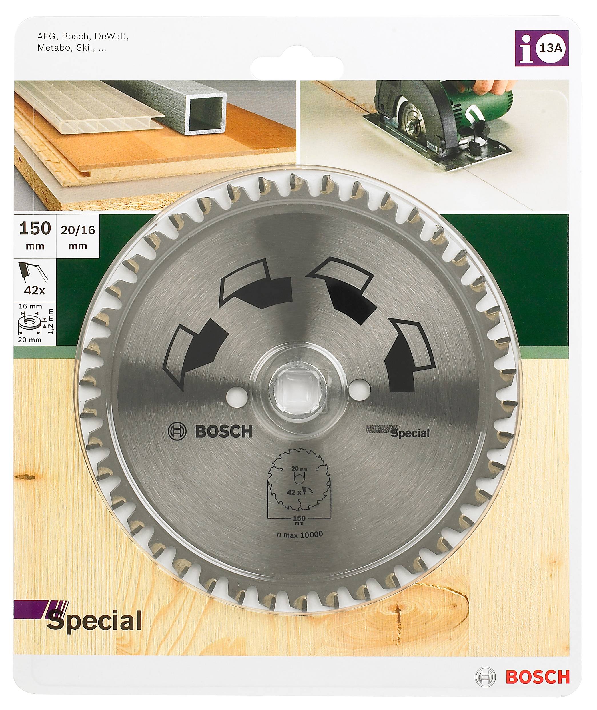 Kreissägeblatt von Bosch für Holz- und Laminatsägen, 150 mm Durchmesser, 42 Zähne. Geeignet für verschiedene Sägearbeiten.