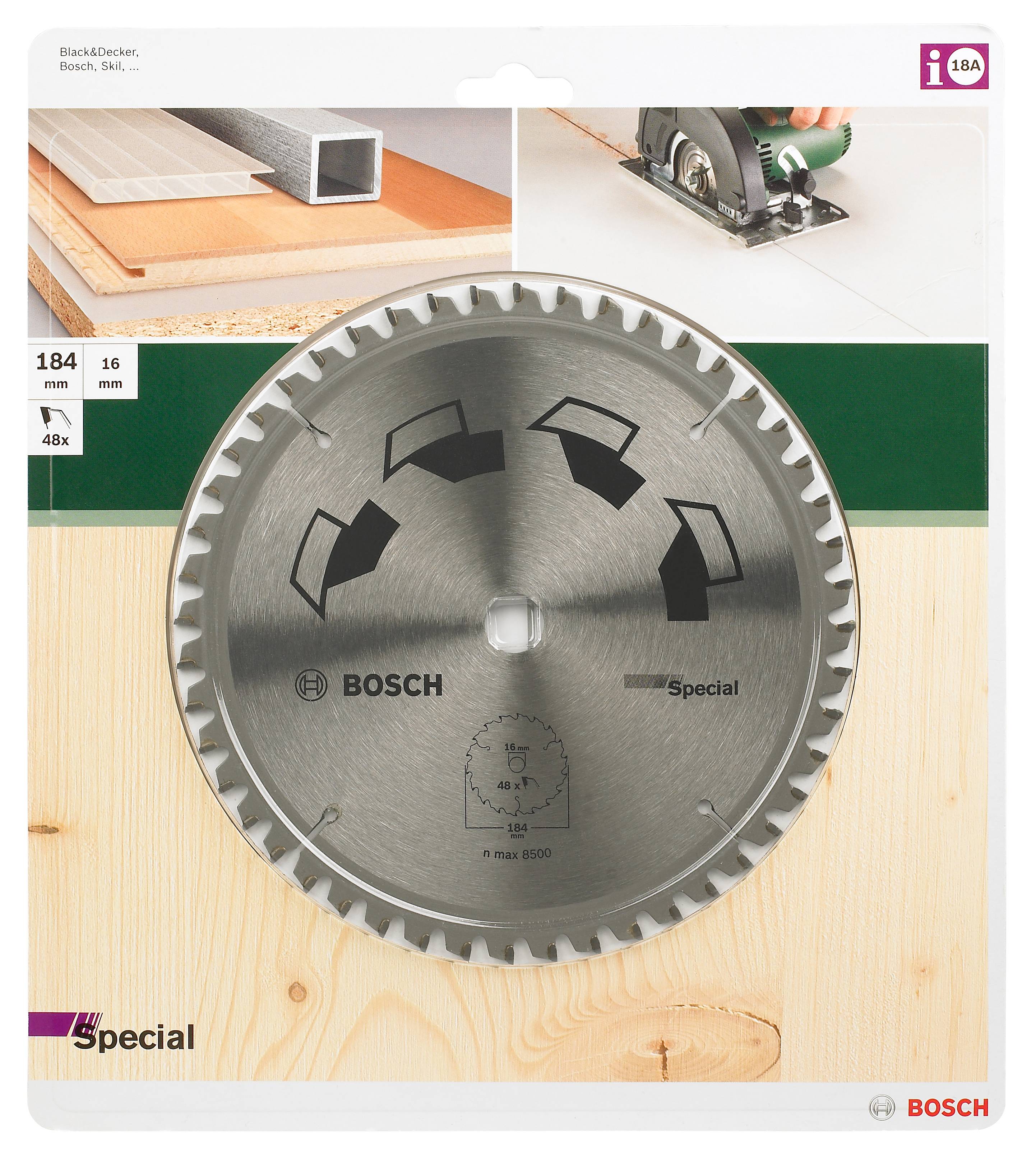 Sägeblatt von Bosch mit Spezialbeschichtung, geeignet für saubere Schnitte in Holz. Durchmesser 184 mm, 48 Zähne.