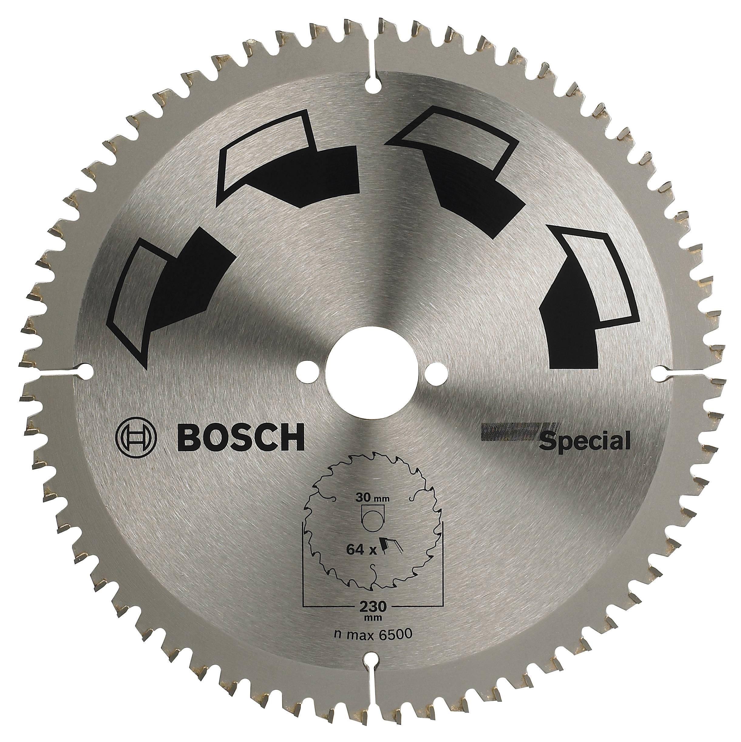 Kreissägeblatt mit Bosch-Logo, 'Special'-Aufschrift und Markierungen. Zähne zeigen Schnittrichtung an. Max. 6500 U/min, 230 mm Durchmesser.