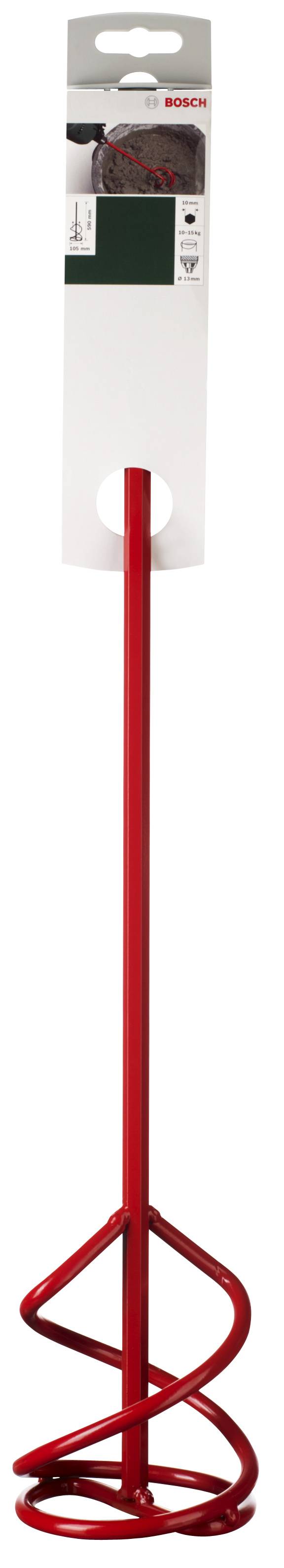 Roter Farbmischer mit spiralförmigem Rührwerk. Verpackung oben zeigt Abbildung des Werkzeugs, geeignet für Einsatz mit Bohrmaschinen.