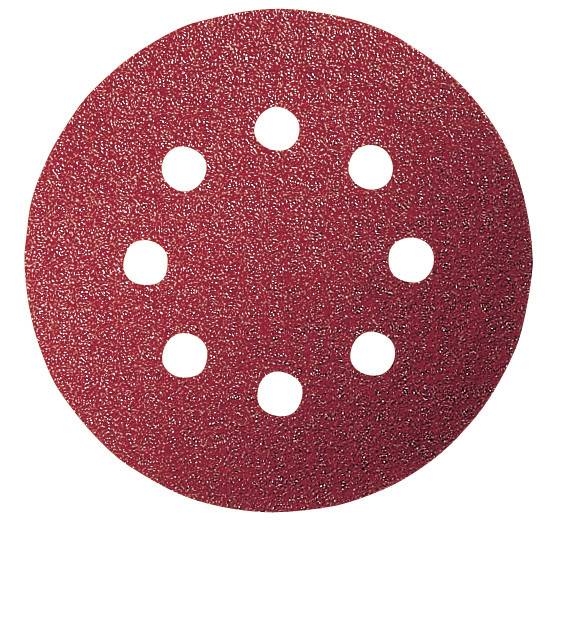 Kreisförmiges Schleifpapier mit acht Löchern in roter Farbe.