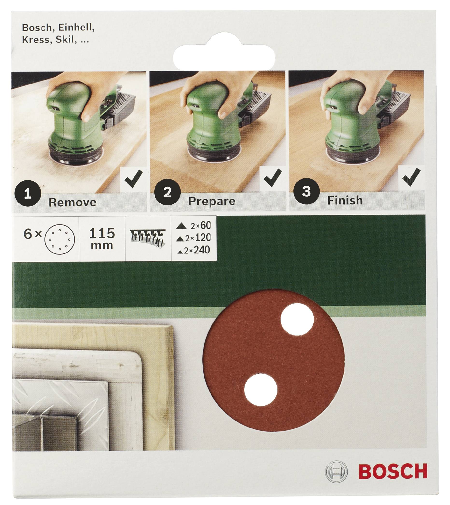 Verpackung einer Bosch-Schleifscheibe mit Anleitung: '1. Entfernen', '2. Vorbereiten', '3. Fertigstellen'; Details zu Körnung und Marke.