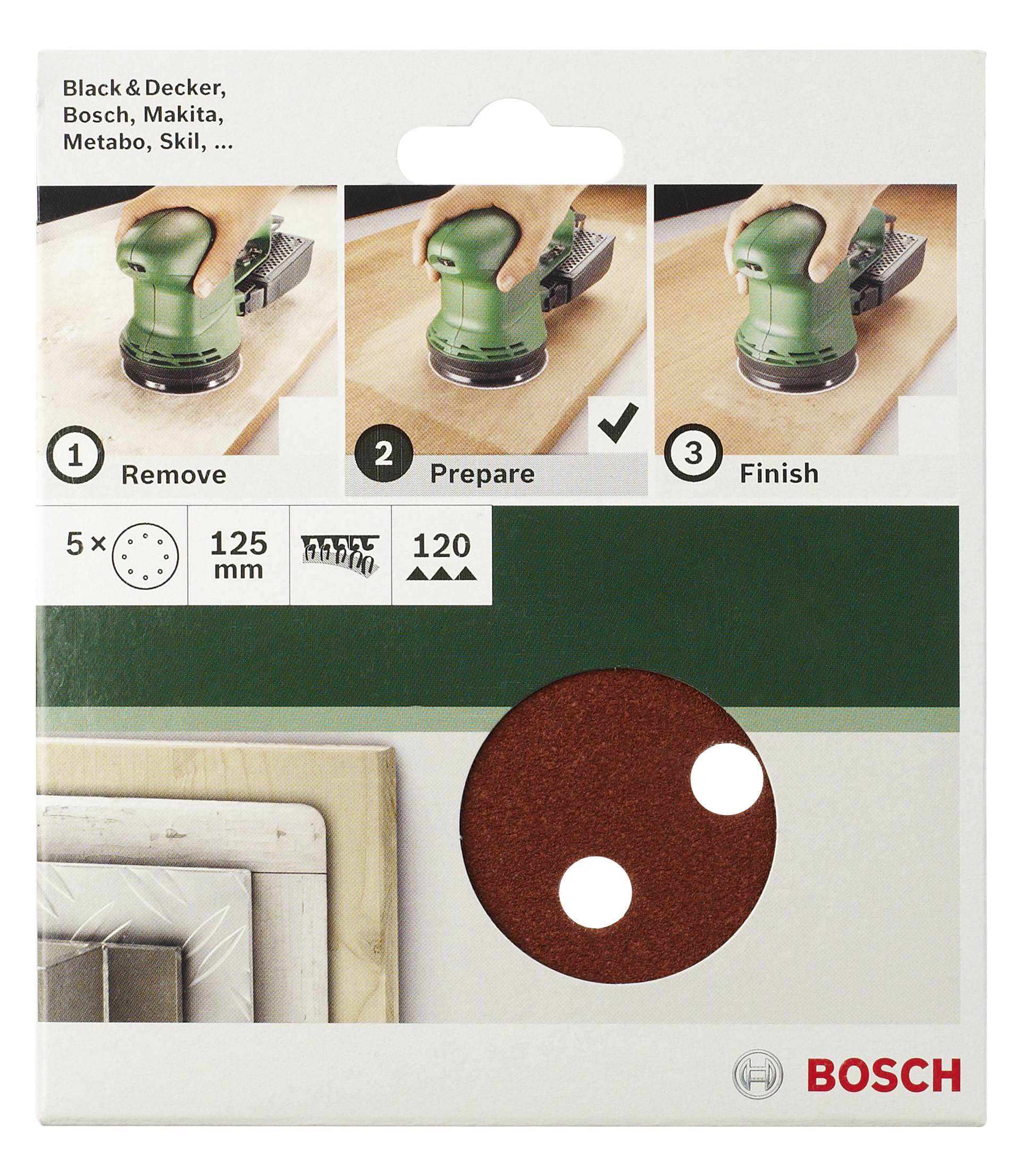 'Bosch' Schleifpapierpackung mit 5 Schleifscheiben. Anwendungsprozess in drei Schritten gezeigt: Entfernen, Vorbereiten, Beenden.