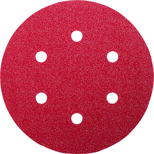 Roter Schleifteller mit sechs runden Löchern gleichmäßig angeordnet. Verwendet zum Glätten von Oberflächen in der Holzbearbeitung oder Metallverarbeitung.
