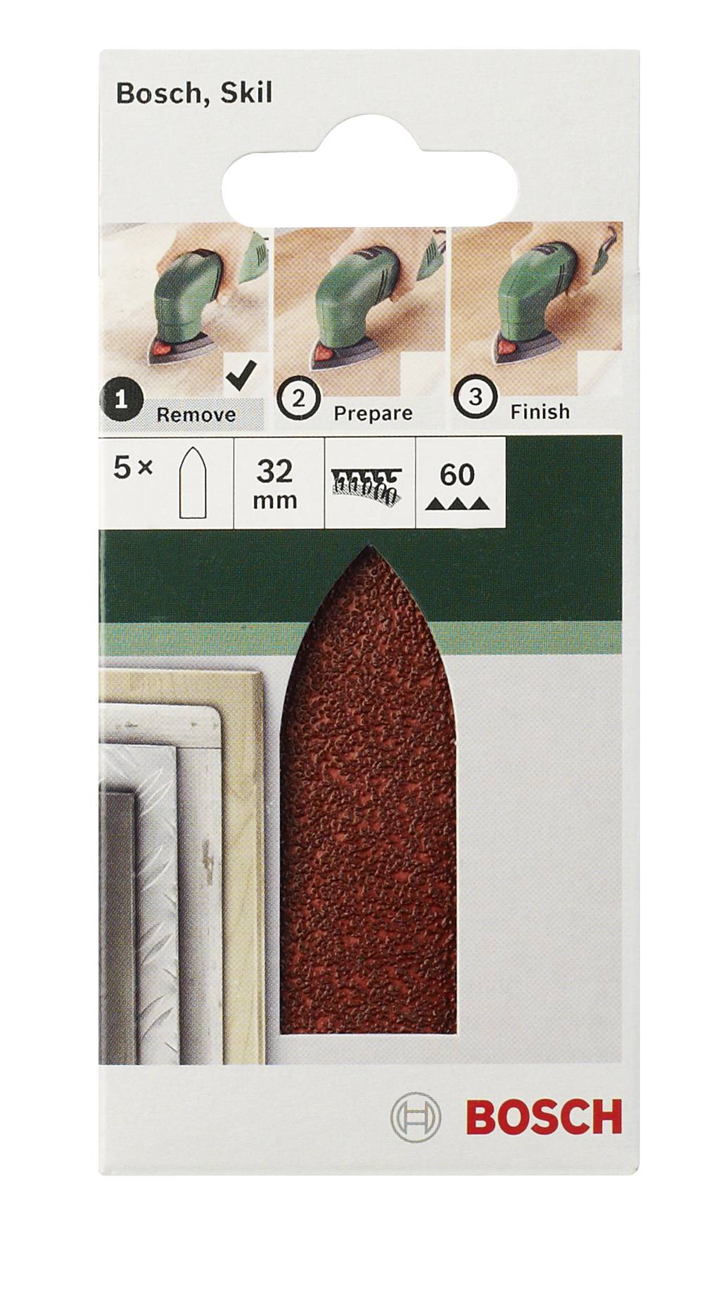 Verpackung von Bosch Schleifpapier 32 mm, geeignet für Entfernen, Vorbereiten und Polieren, enthält 5 Blätter für diverse Anwendungen.
