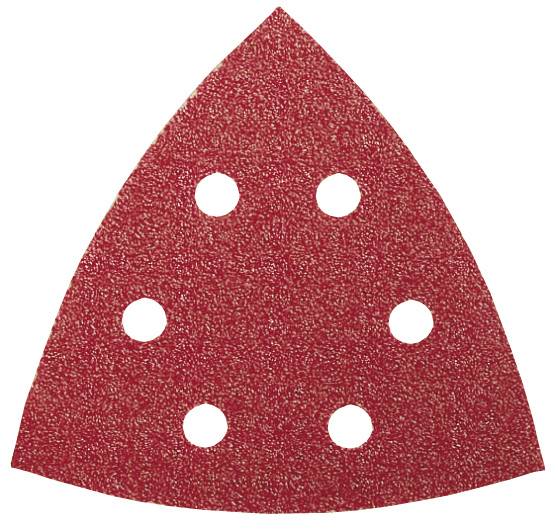 Rotes dreieckiges Schleifpapier mit sechs runden Löchern, verwendet für Elektro-Handschleifgeräte.