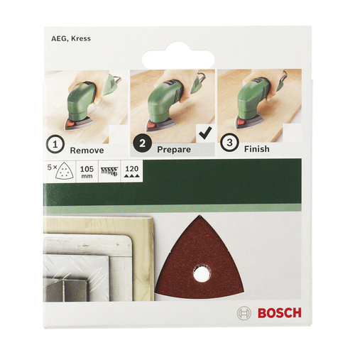 Bosch Accessories 2609256A58 Deltaschleifpapier mit Klett, gelocht Körnung 120 Eckmaß 105mm 5St.