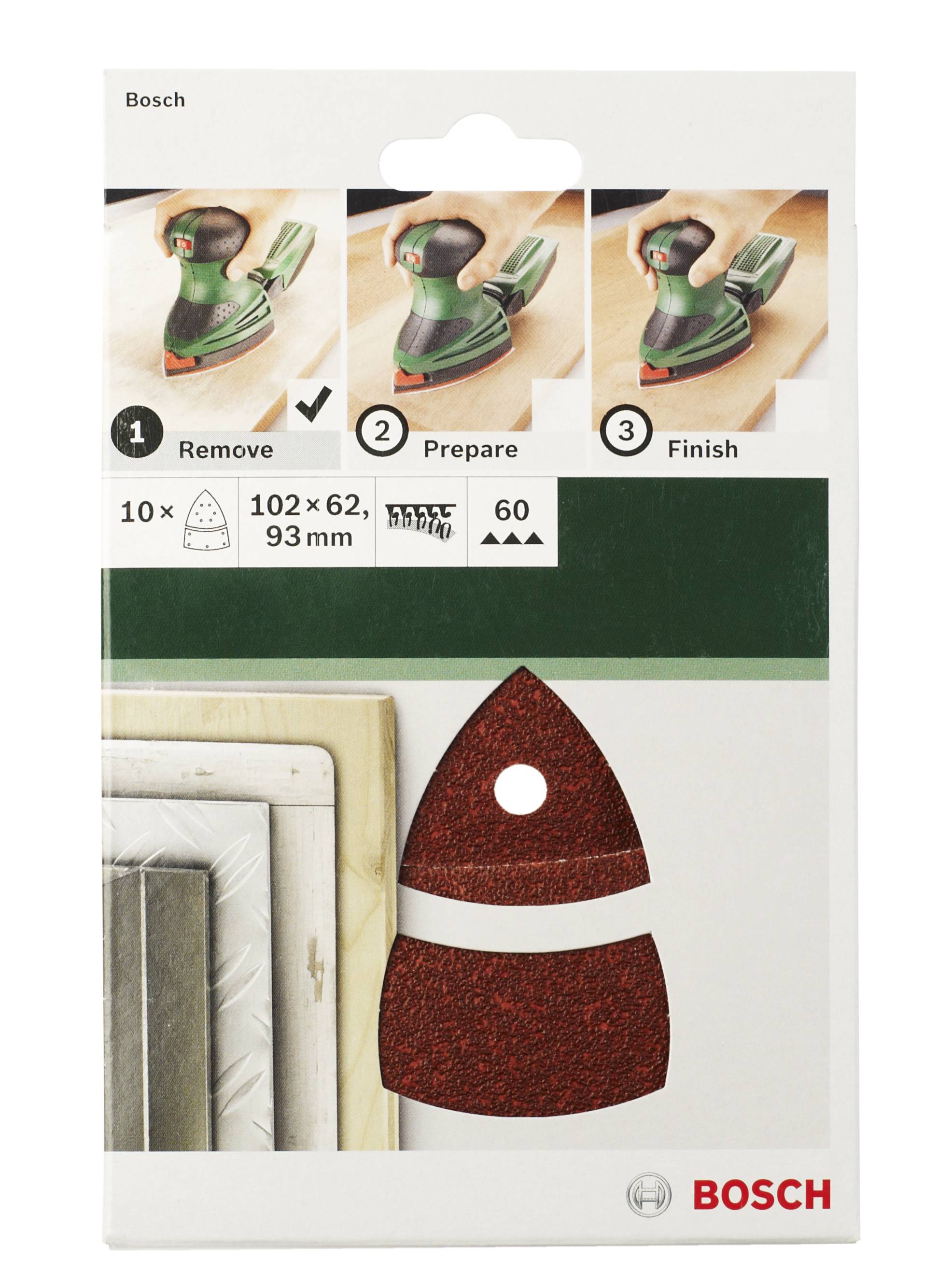'Bosch' Schleifpapier-Verpackung. Oben drei Schritte: 'Remove', 'Prepare', 'Finish' mit Bildern. Enthält 10 Stück, Größe 102x62, Körnung 60.