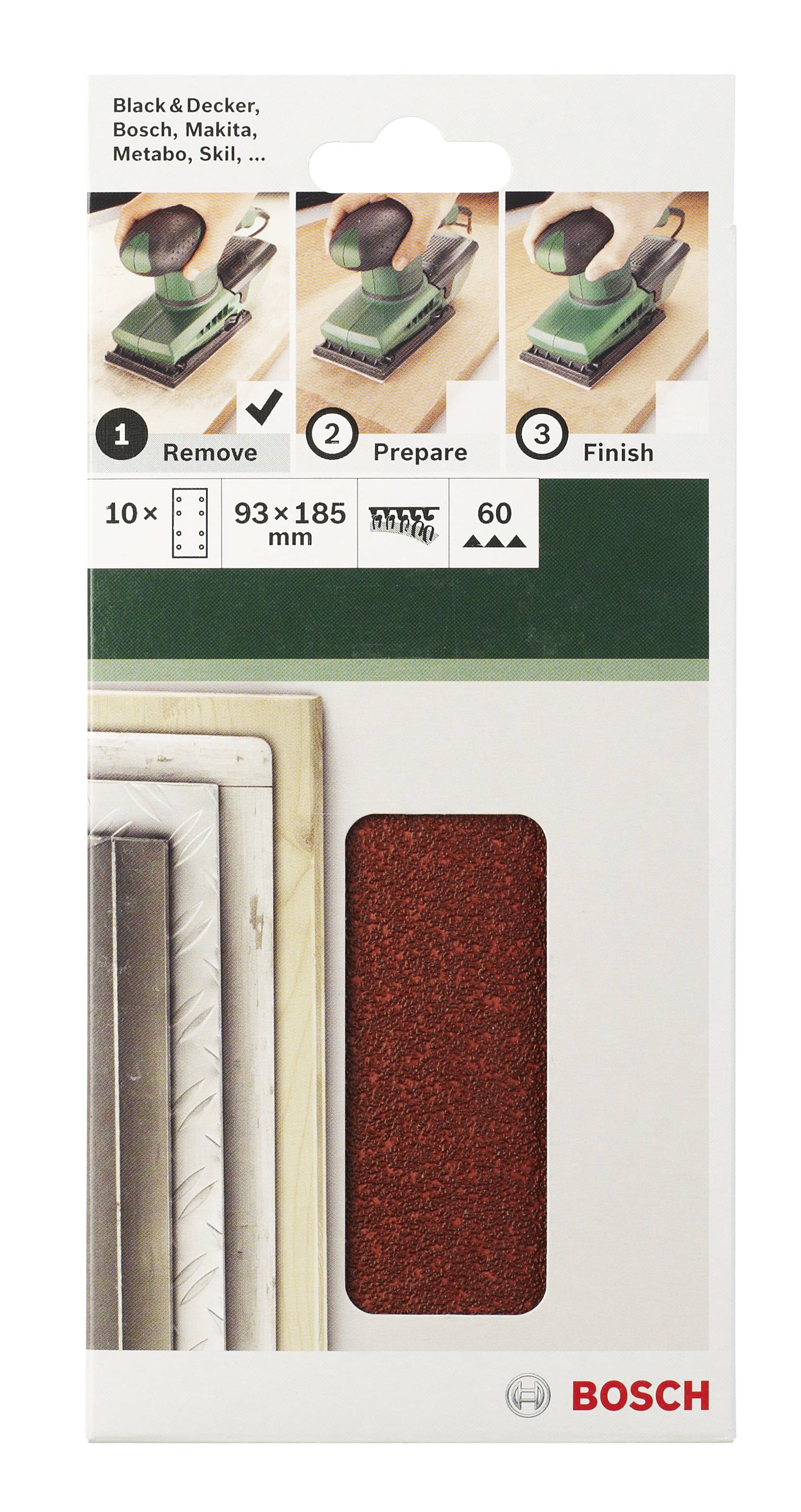 Verpackung eines Bosch-Schleifpapiers, passend für verschiedene Marken. Schrittanleitung: 1. Entfernen, 2. Vorbereiten, 3. Fertigstellen. Größe: 93 x 185 mm, Körnung: 60.