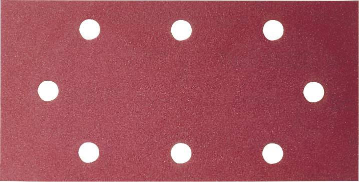 Rotes Schleifpapier mit acht symmetrisch angeordneten Löchern. Ideal für Schleifmaschinen mit passenden Befestigungen.