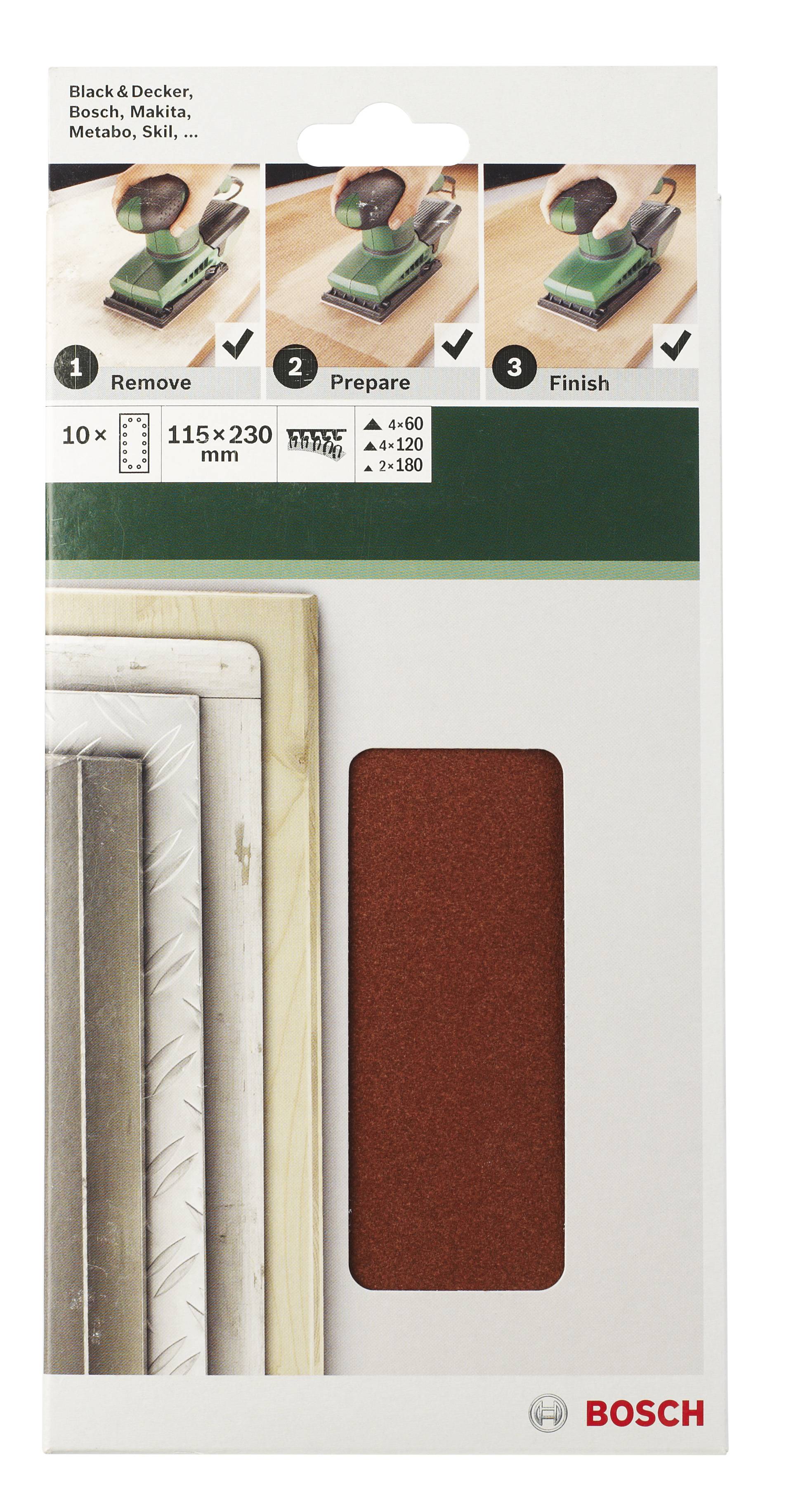 Verpackung von Bosch-Schleifpapier für Holz und Metall, zeigt drei Schritte: Entfernen, Vorbereiten, Abschließen. Enthält 10 Bögen, Größe 115 x 230 mm.