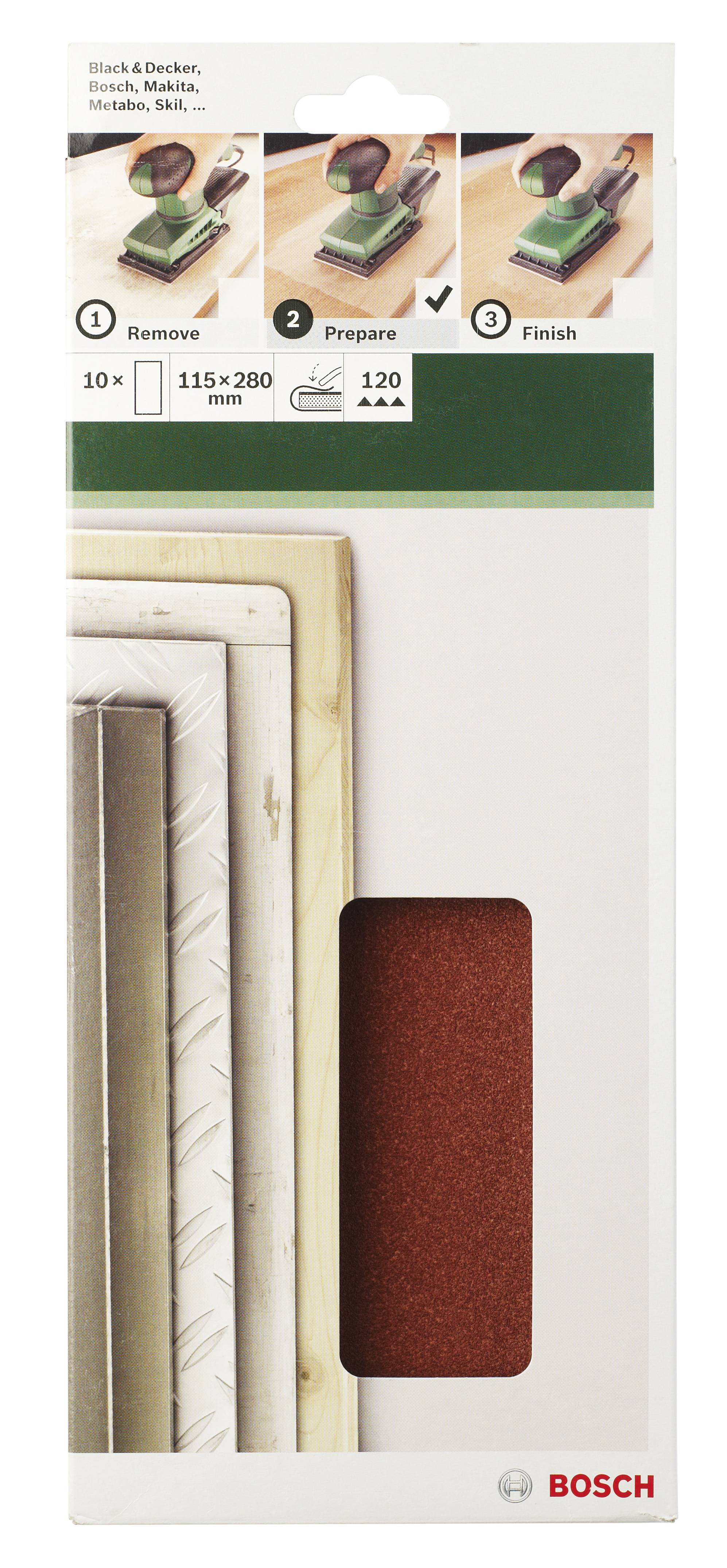 Bosch Schleifpapier-Set. Anleitung in drei Schritten: 1. Entfernen, 2. Vorbereiten, 3. Fertigstellen. Enthält 10 Blätter, 115x280 mm, Körnung 120. Geeignet für Holz- und Metalloberflächen.