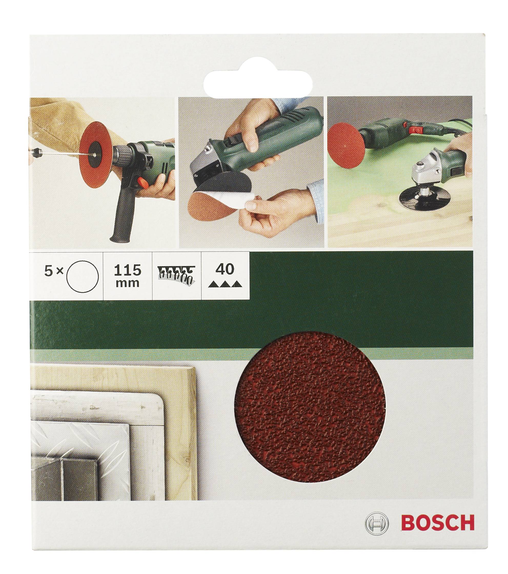 Eine Packung Bosch Schleifscheiben mit 5 Stück, 115 mm Durchmesser und Körnung 40. Geeignet für Winkelschleifer.