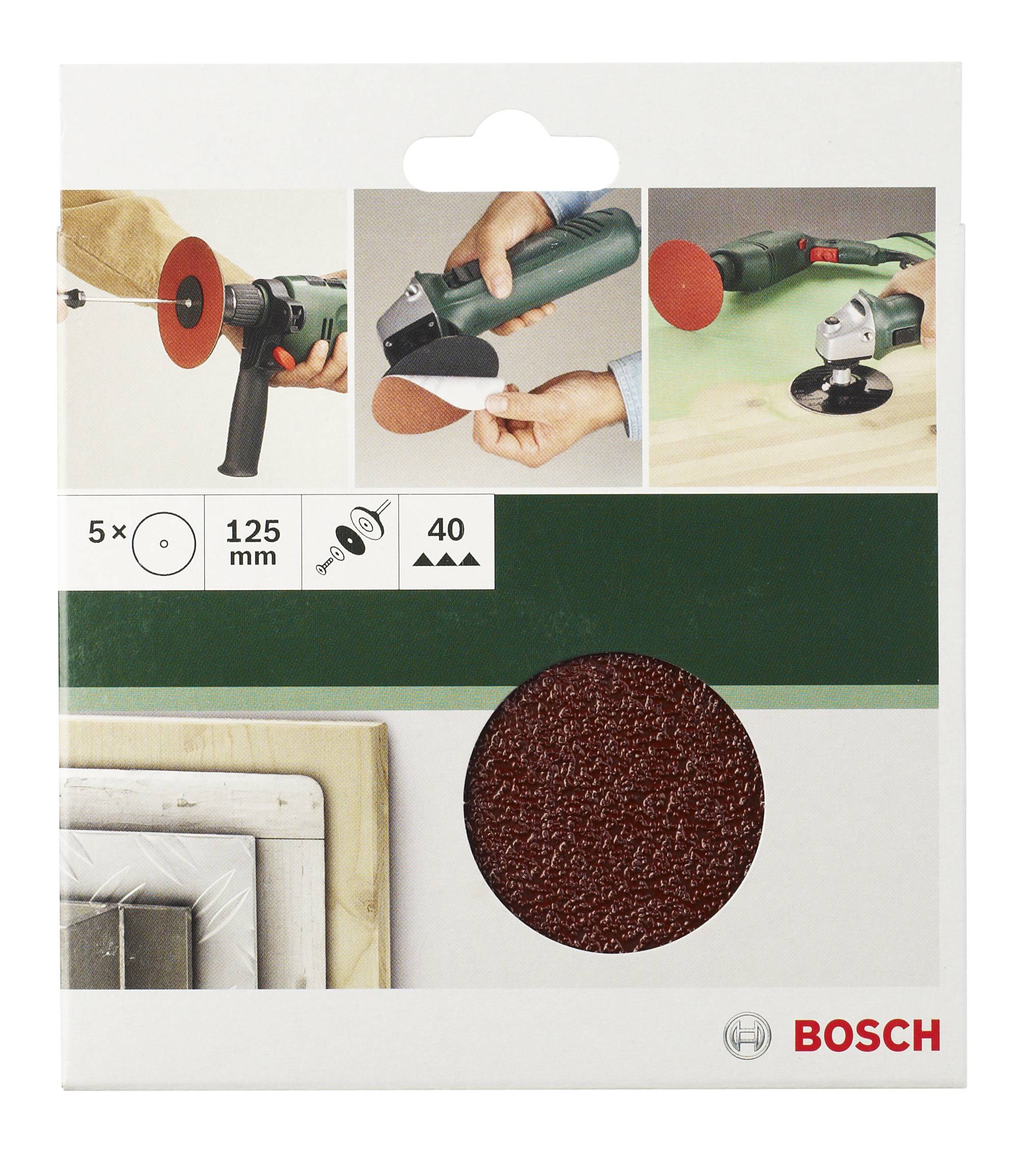Bosch Schleifscheiben-Set, 5 Stück, 125 mm, Körnung 40. Verpackung mit Abbildung eines Winkelschleifers und Schleifanwendung.