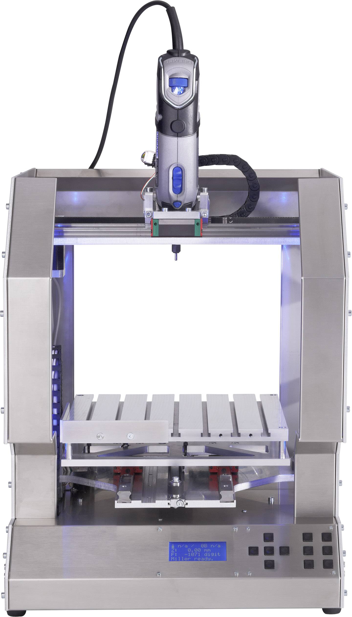 Eine industrielle 3D-Druckmaschine aus Metall mit vertikalem Aufbau. Sie verfügt über ein Display und eine Plattform zur Erstellung von Objekten.