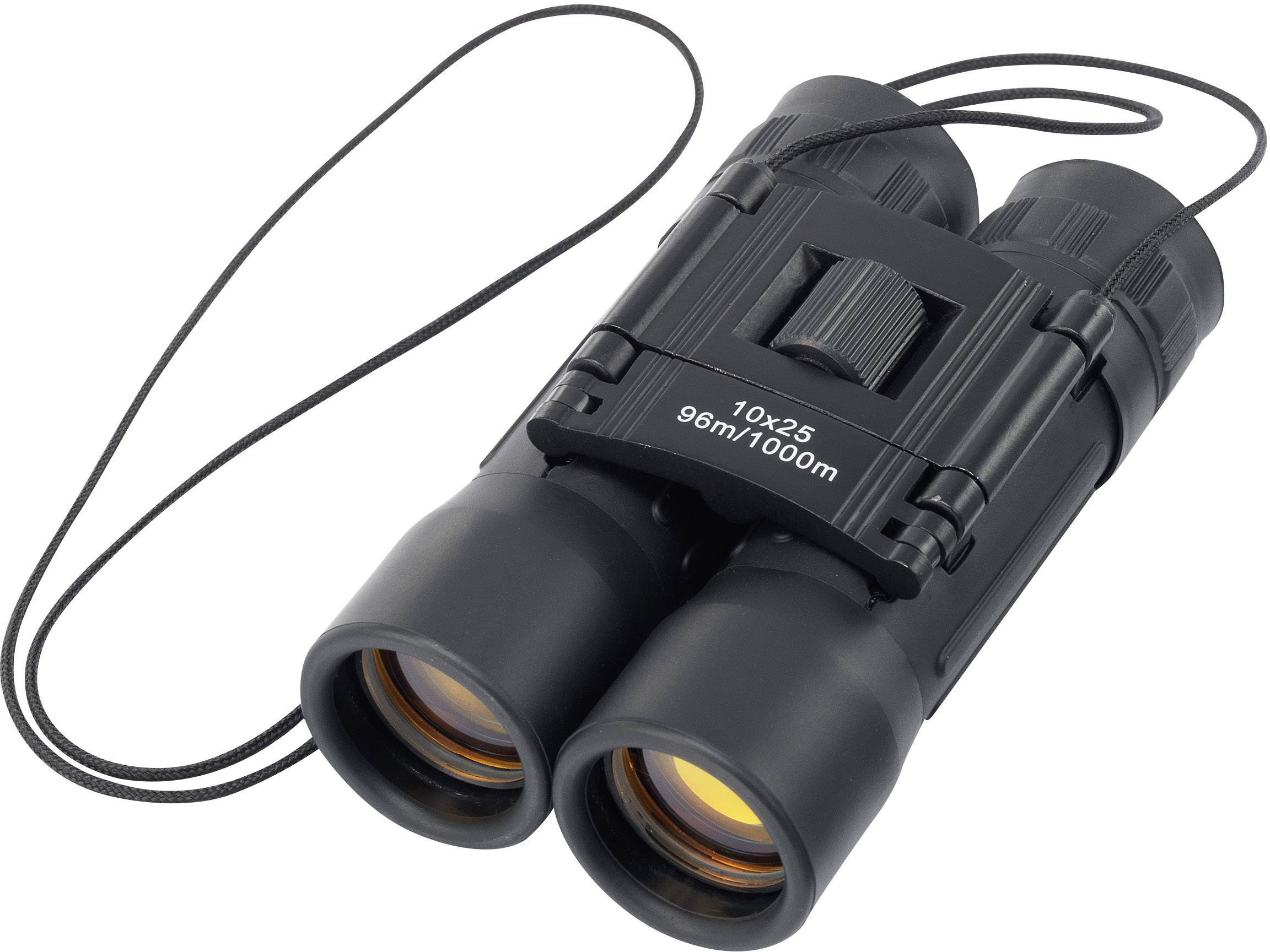 Ein schwarzes Fernglas mit gelben Linsen, das für Outdoor- und Vogelbeobachtungen geeignet ist, auf einem weißen Hintergrund.