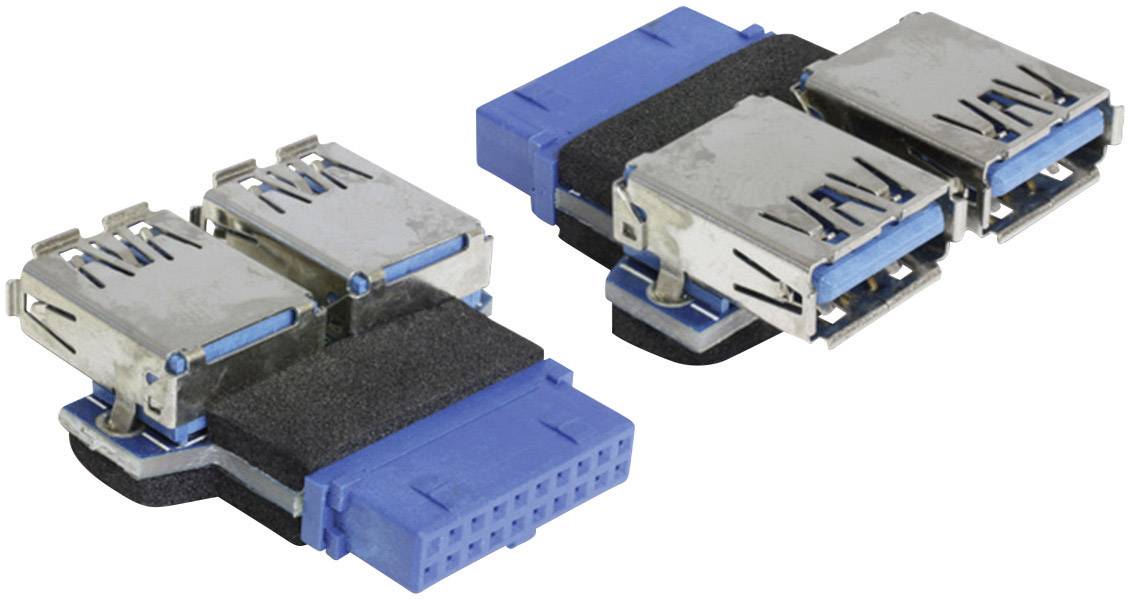 Zwei blaue, rechteckige Steckverbindungen mit Metallgehäuse und mehreren Pins, wahrscheinlich USB-Anschlüsse, auf weißem Hintergrund.