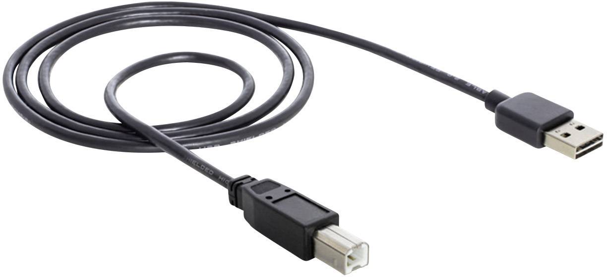 Ein schwarzes USB-Kabel mit einem USB-A-Anschluss auf der einen Seite und einem quadratischen Anschluss auf der anderen.