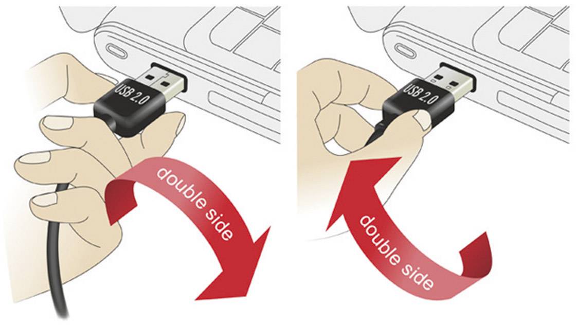 Illustration eines USB 2.0-Kabels, das in einen Laptop-Anschluss gesteckt wird. Pfeile zeigen, dass es beidseitig anschließbar ist.