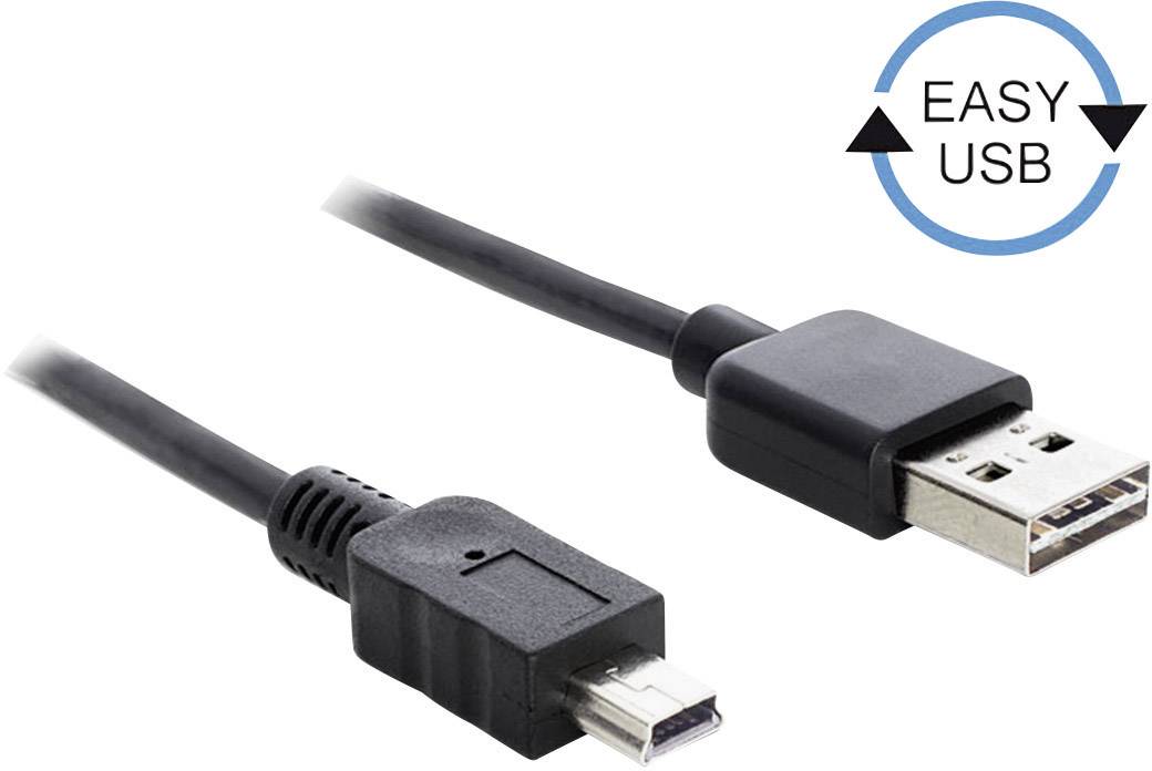 USB-Kabel mit Standard- und Mini-USB-Stecker; Symbol mit 'Easy USB' und Pfeilen weist auf die reversible Anschlussfähigkeit hin.