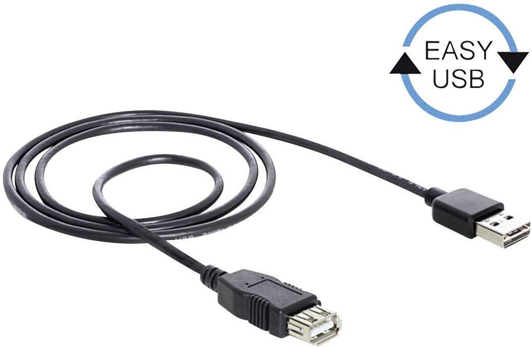 Schwarzes USB-Verlängerungskabel mit Stecker und Buchse. Oben rechts Symbol mit 'EASY USB' und Pfeilen, die Einfachheit andeuten.
