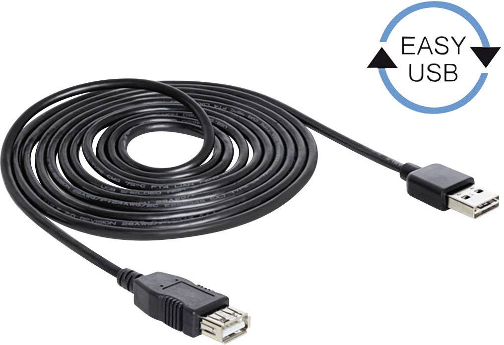 Delock USB-Kabel USB 2.0 USB-A Stecker, USB-A Buchse 3.00 m Schwarz beidseitig verwendbarer Stecker, vergoldete Steckkontakte, UL-zertifiziert 83372