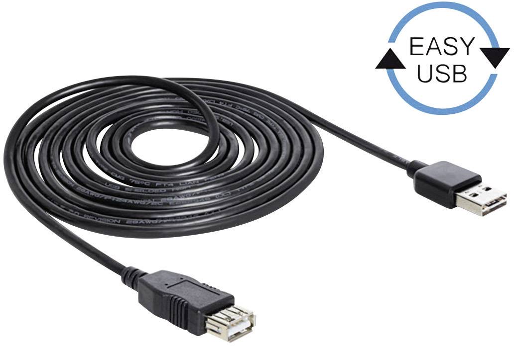 Delock USB-Kabel USB 2.0 USB-A Stecker, USB-A Buchse 5.00m Schwarz beidseitig verwendbarer Stecker, vergoldete Steckkontakte